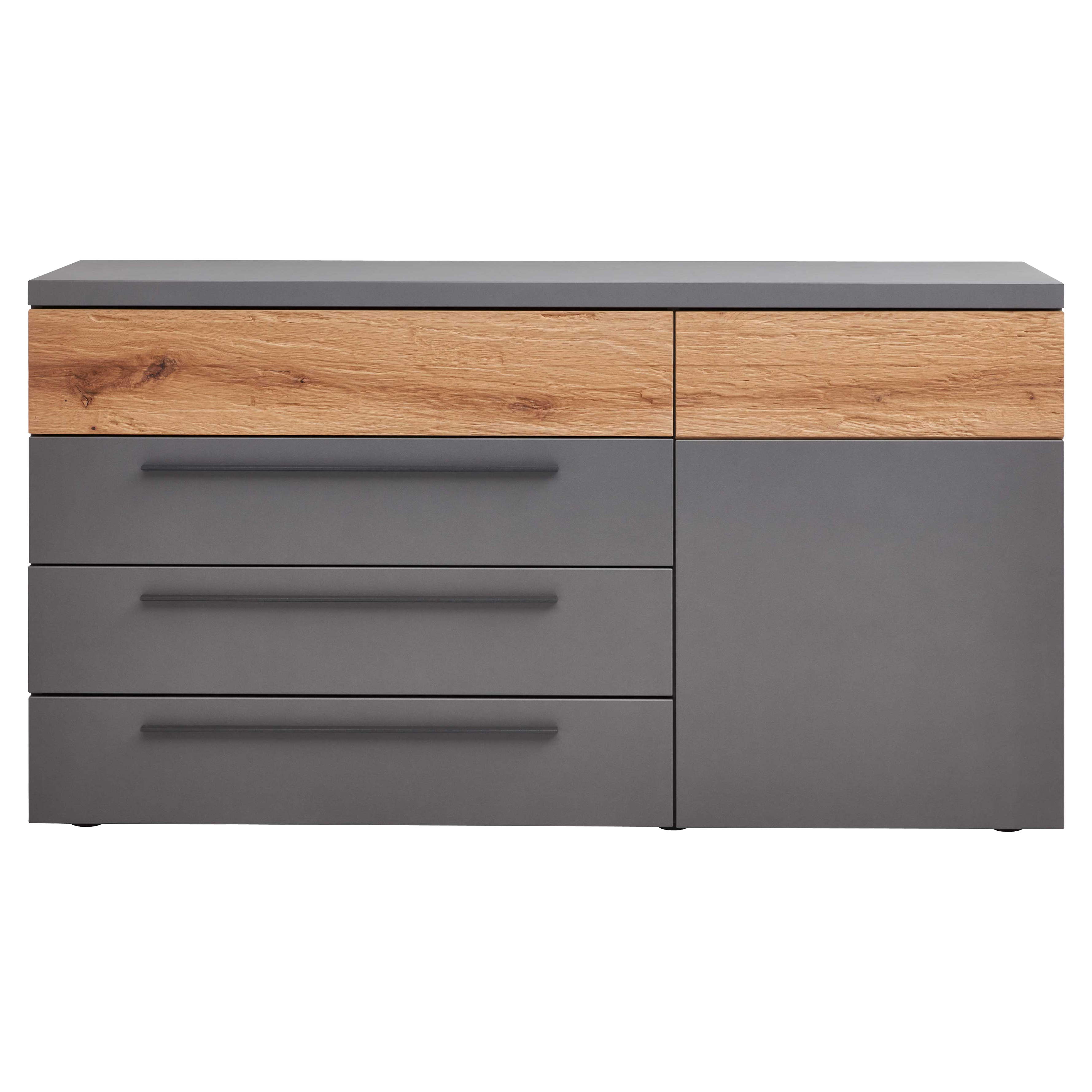 Sideboard mit drei großen grauen Schubladen links, einer grauen Tür rechts und zwei schmalen Holzfront-Schubladen oben.