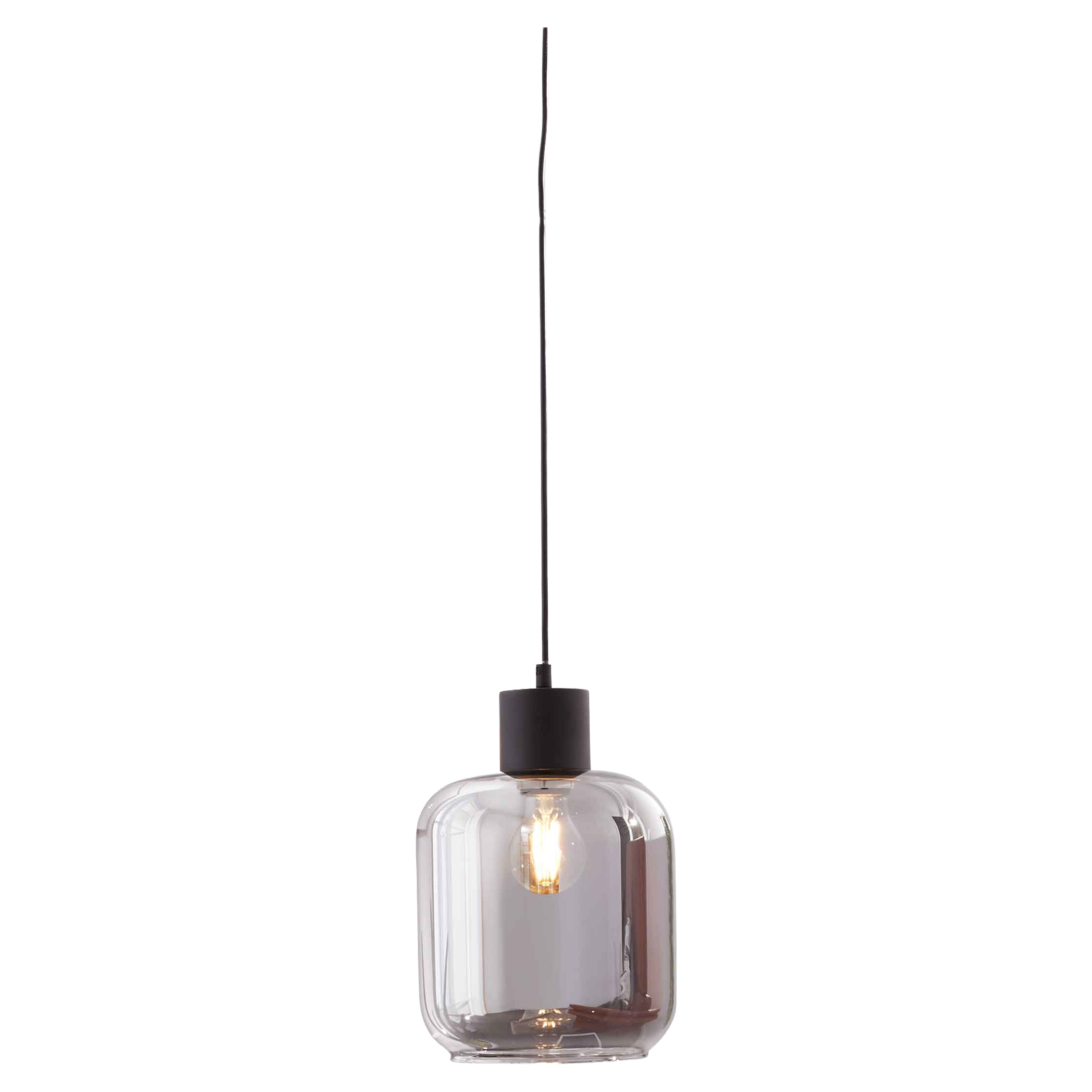 Hängelampe mit schwarzem Kabel und zylindrischer Fassung, klarem abgerundetem Glasschirm und sichtbar leuchtender Glühbirne.