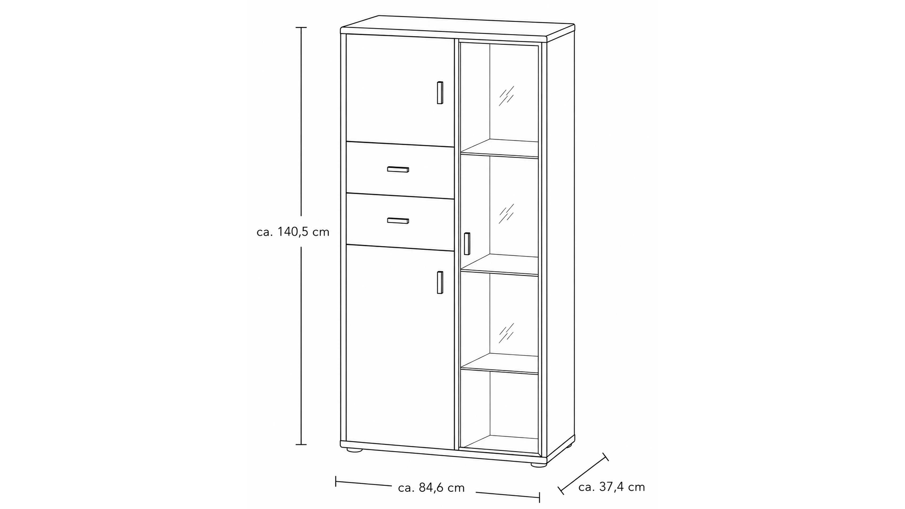 Wohnlösung mit Highboard, TV-Unterteil und Wandpaneel mit Eichefurnier und Schwarzglas