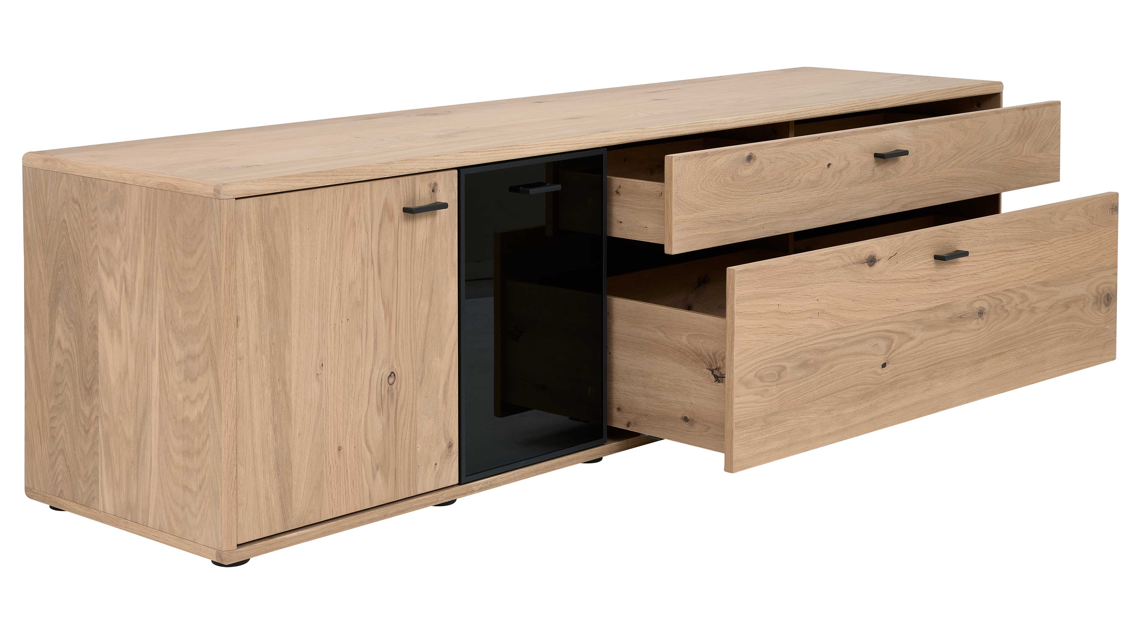 TV-Board, hohe zweitürige Vitrine und Wandregal in Eichefurnier und Schwarzglas