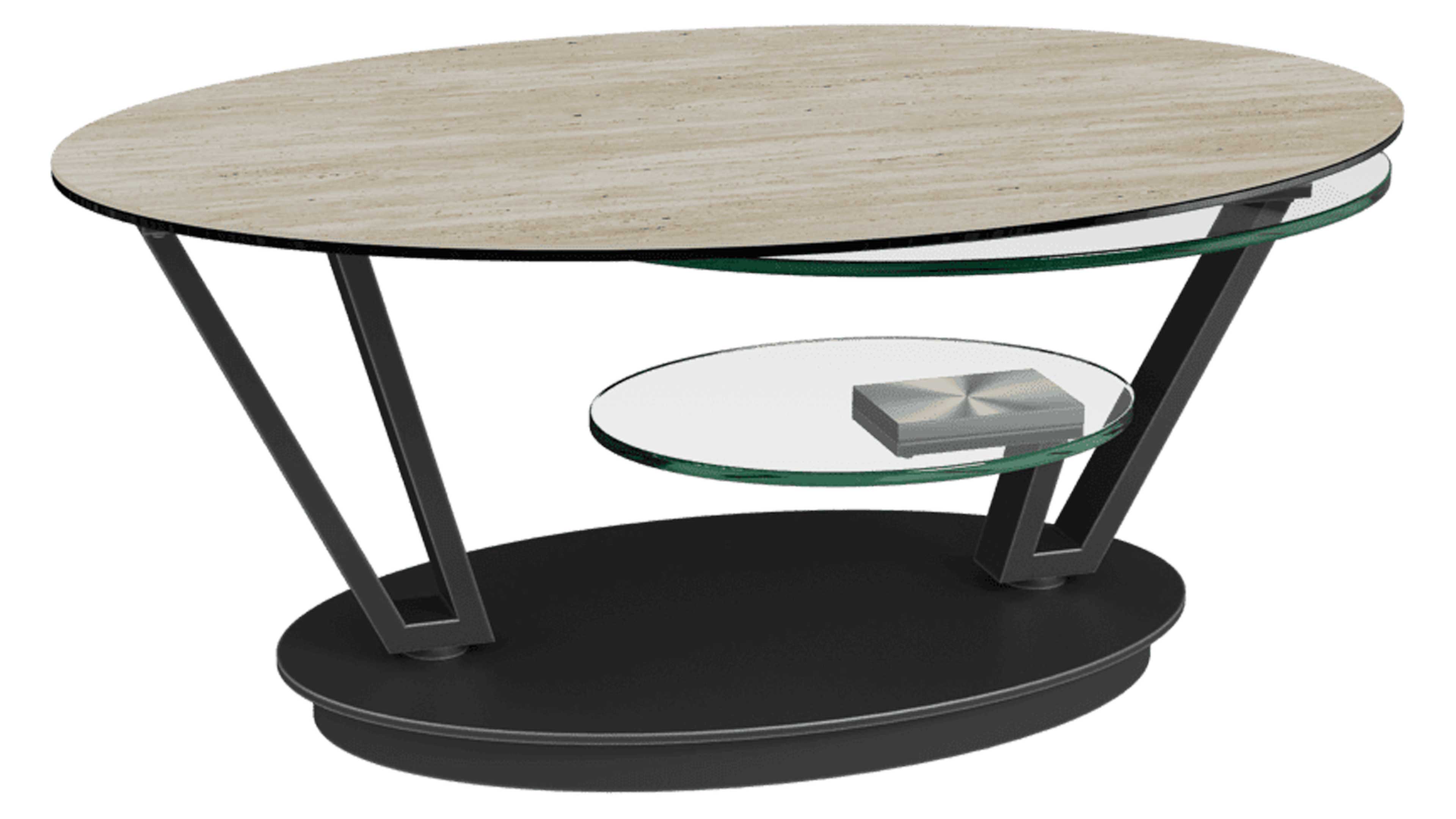 Ovaler Couchtisch mit heller Holzplatte, zwei V‑förmigen schwarzen Metallbeinen, zwei Glasablagen und schwarzem ovalem Sockel.