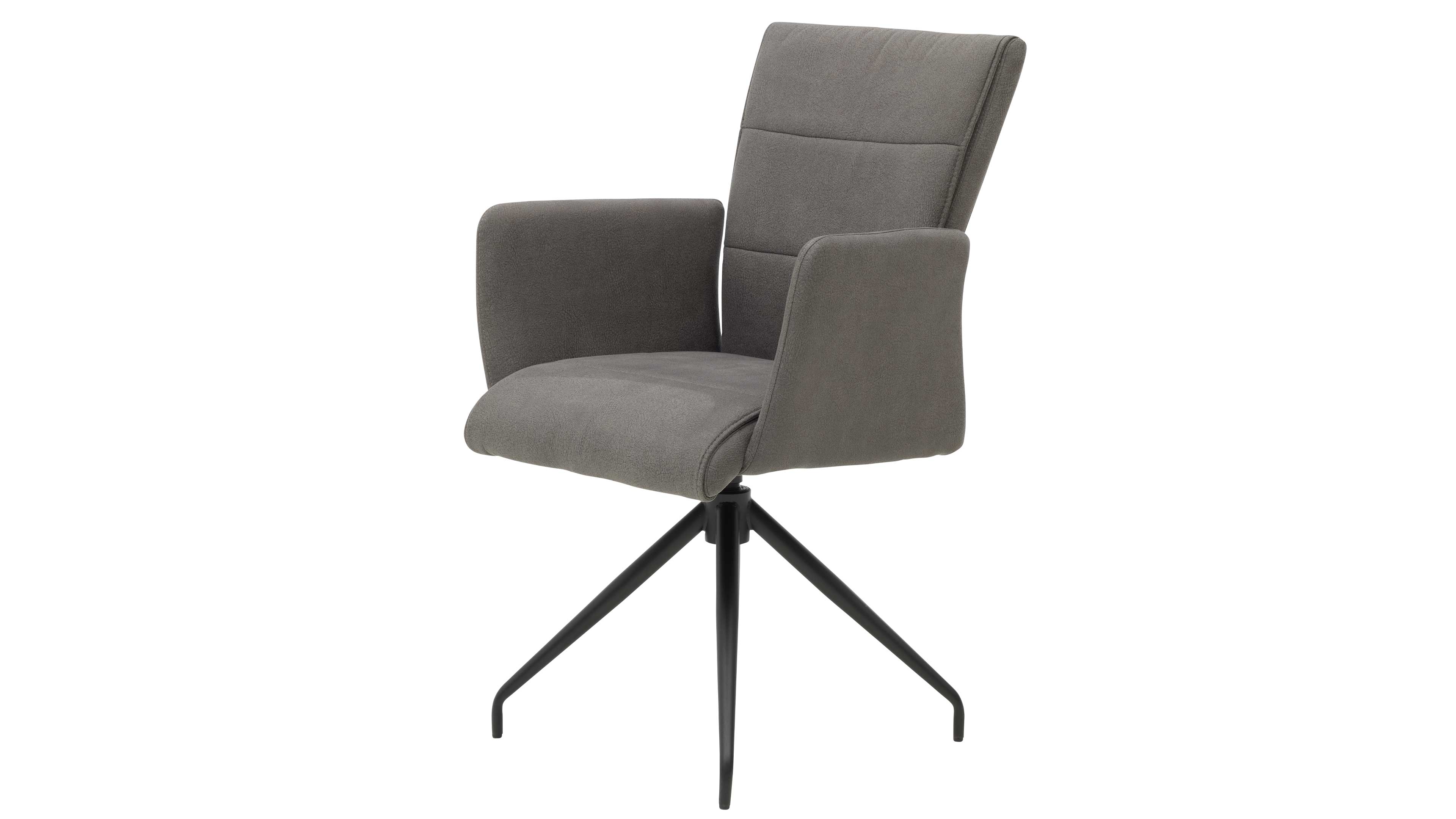 Grau bezogener Polsterstuhl mit hoher Rückenlehne, gepolsterten Armlehnen und schwarzem vierbeinigen Drehgestell.
