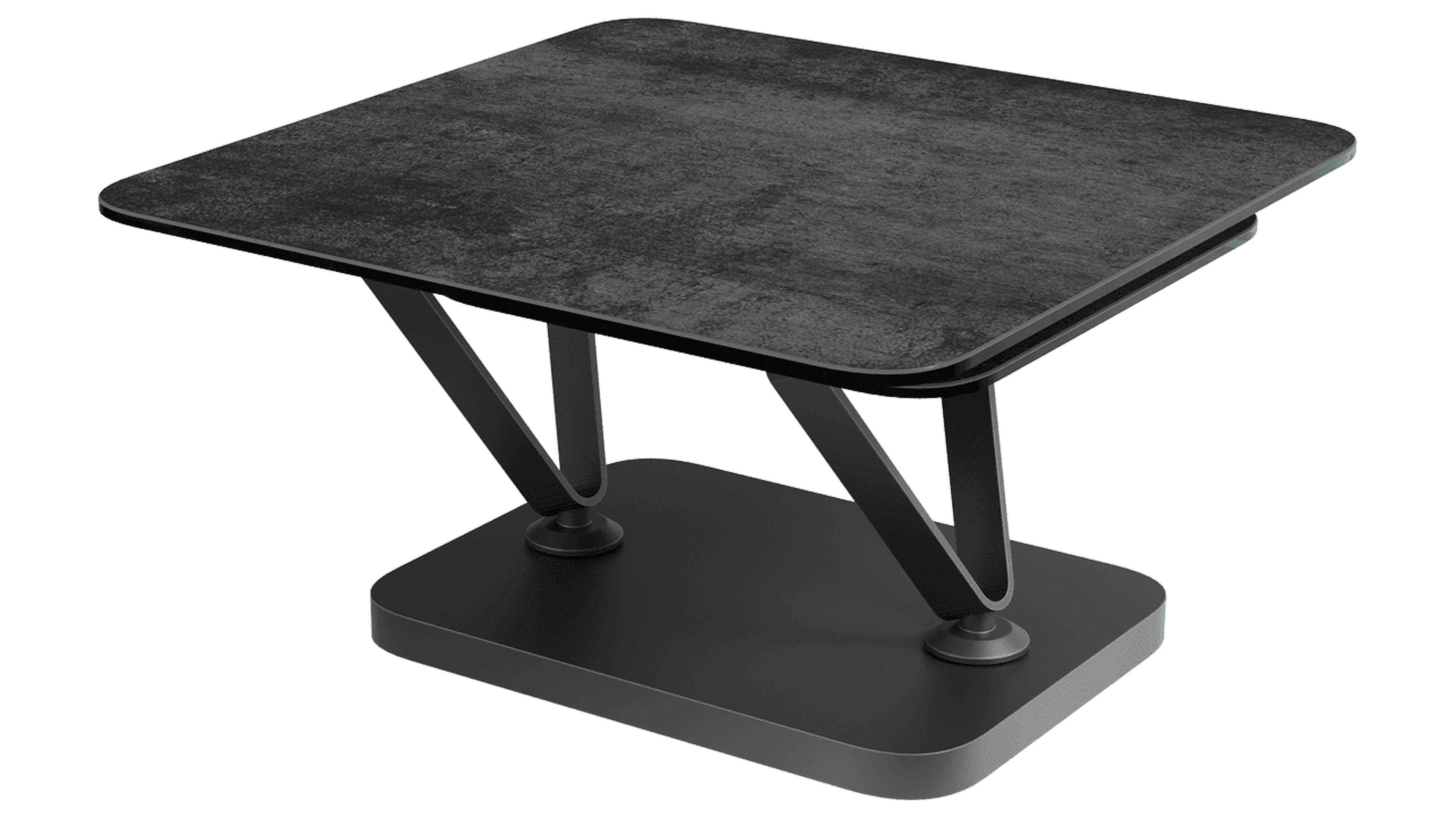 Quadratischer Tisch mit dunkel strukturiertem Tischblatt, abgestützt von zwei V-förmigen Metallbeinen auf rechteckiger Sockelplatte.