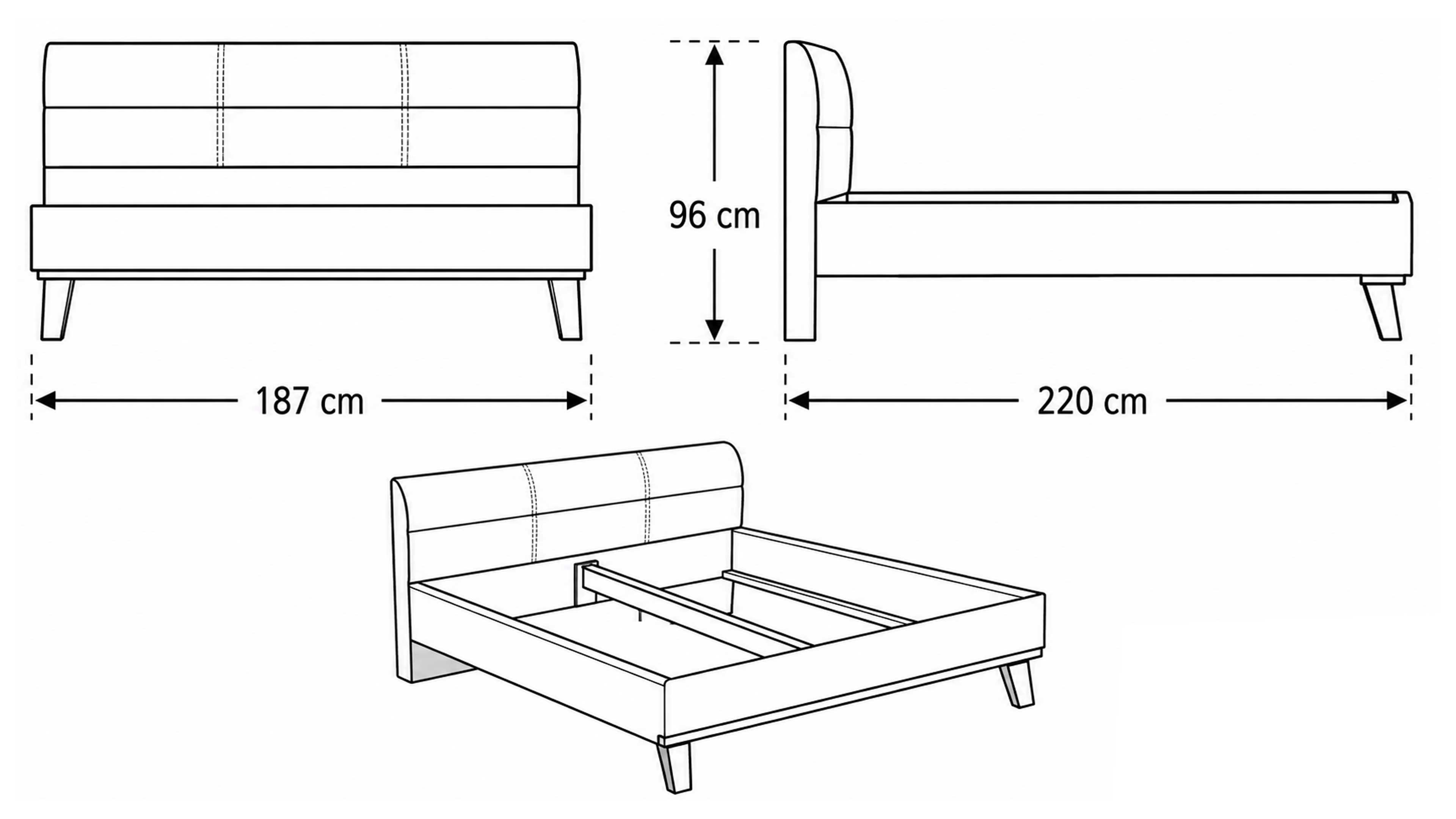 Doppelbett in Kieselgrau mit gepolstertem Kopfteil und schwebender Optik