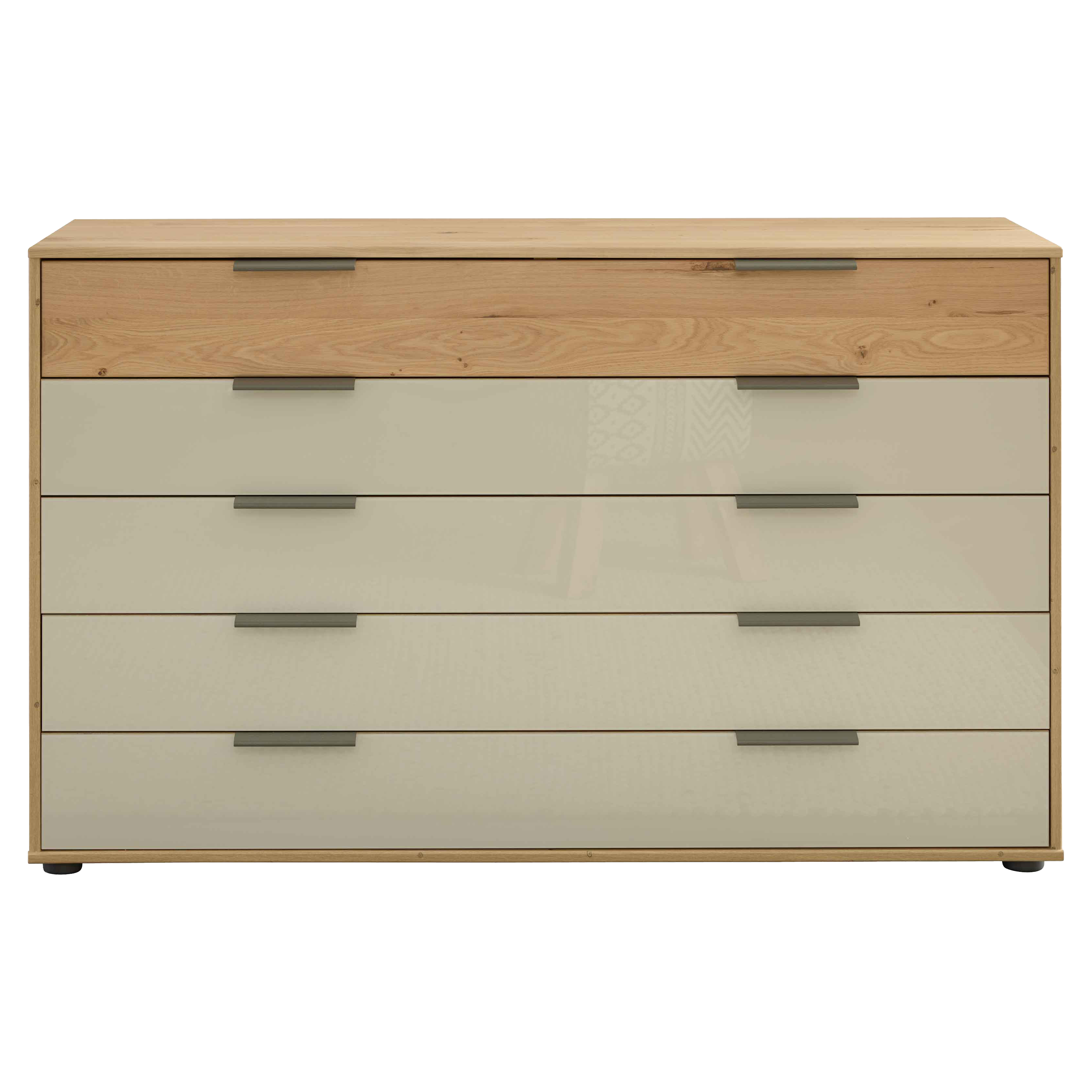Kommode mit hellem Eichenrahmen und einer oberen Holzschublade, darunter vier beige Hochglanzfronten mit je zwei dunklen Griffen.