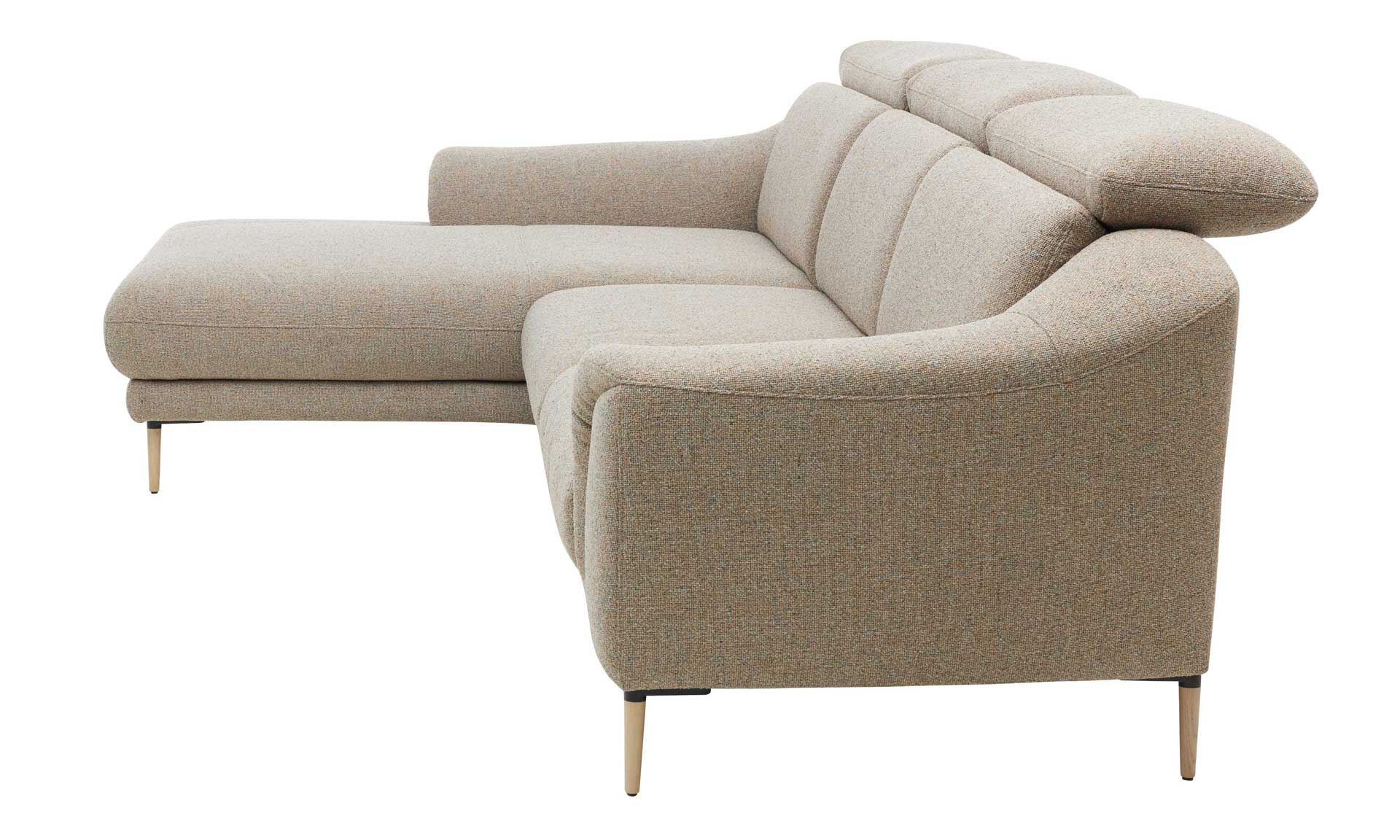 Ecksofa mit meliertem Stoff in Sand und schwarzen Winkelfüßen