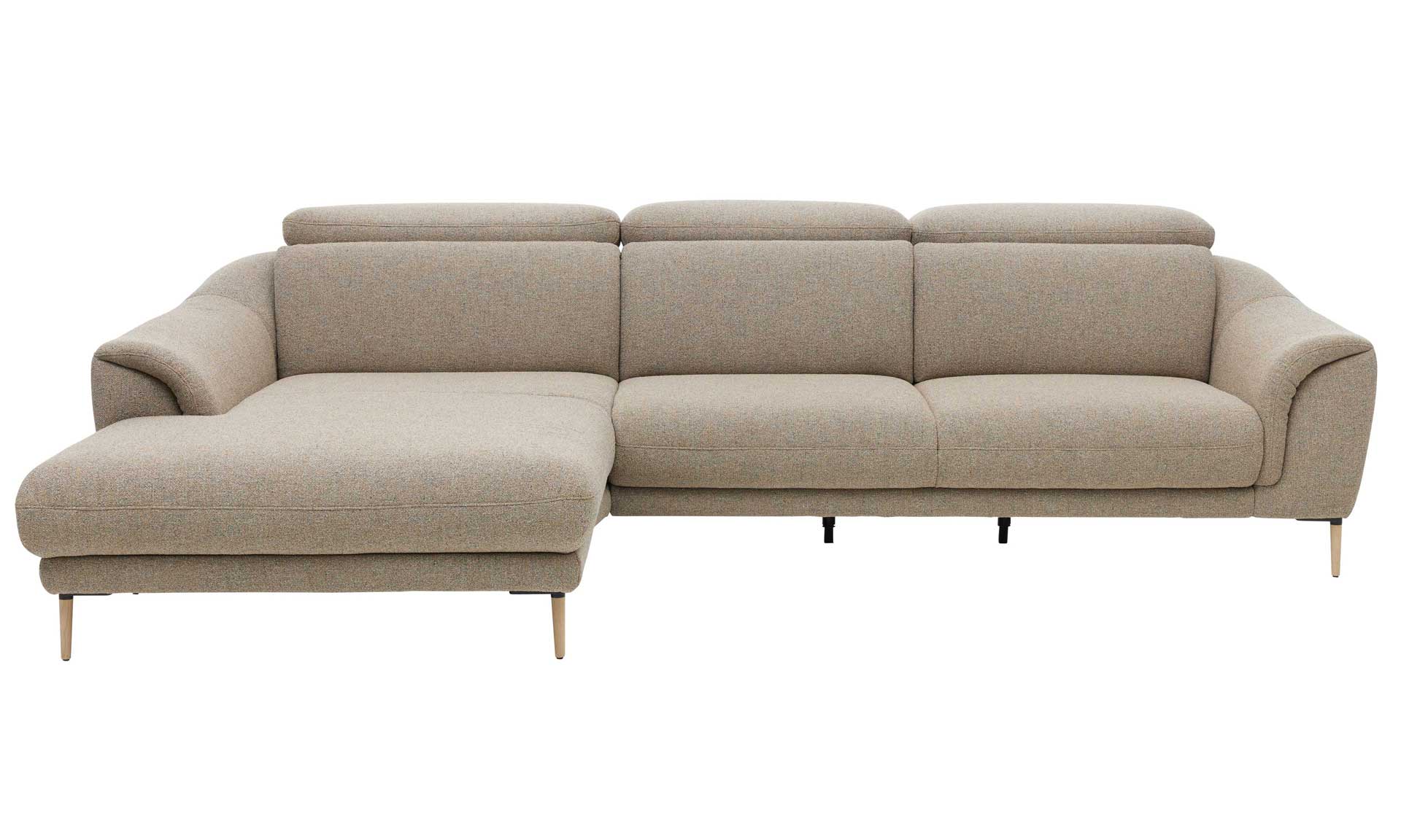 Ecksofa mit meliertem Stoff in Sand und schwarzen Winkelfüßen