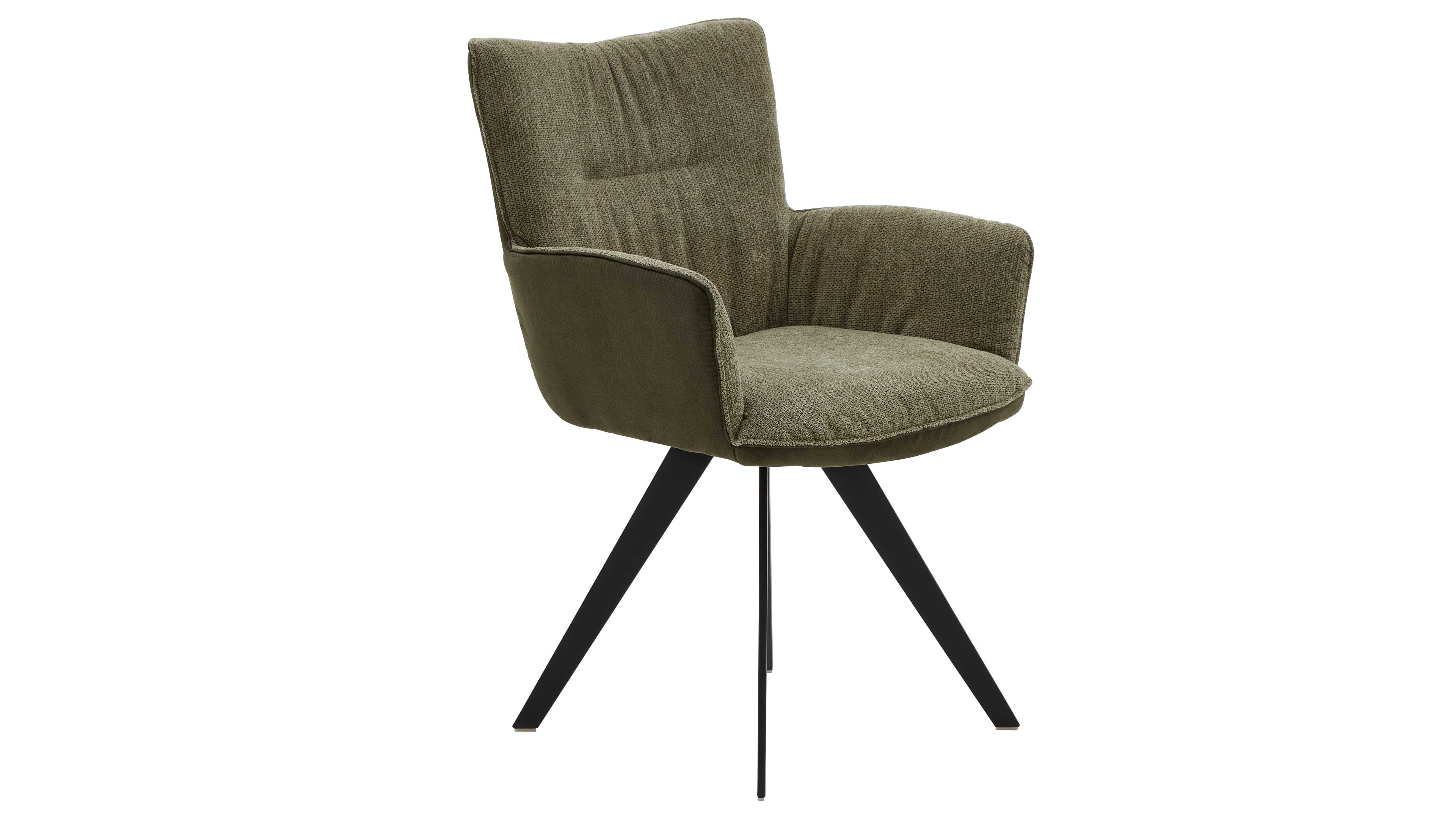 Olivgrüner gepolsterter Armlehnstuhl mit strukturierter Stoffoberfläche, abgerundetem Rücken und schwarzem Metallgestell.