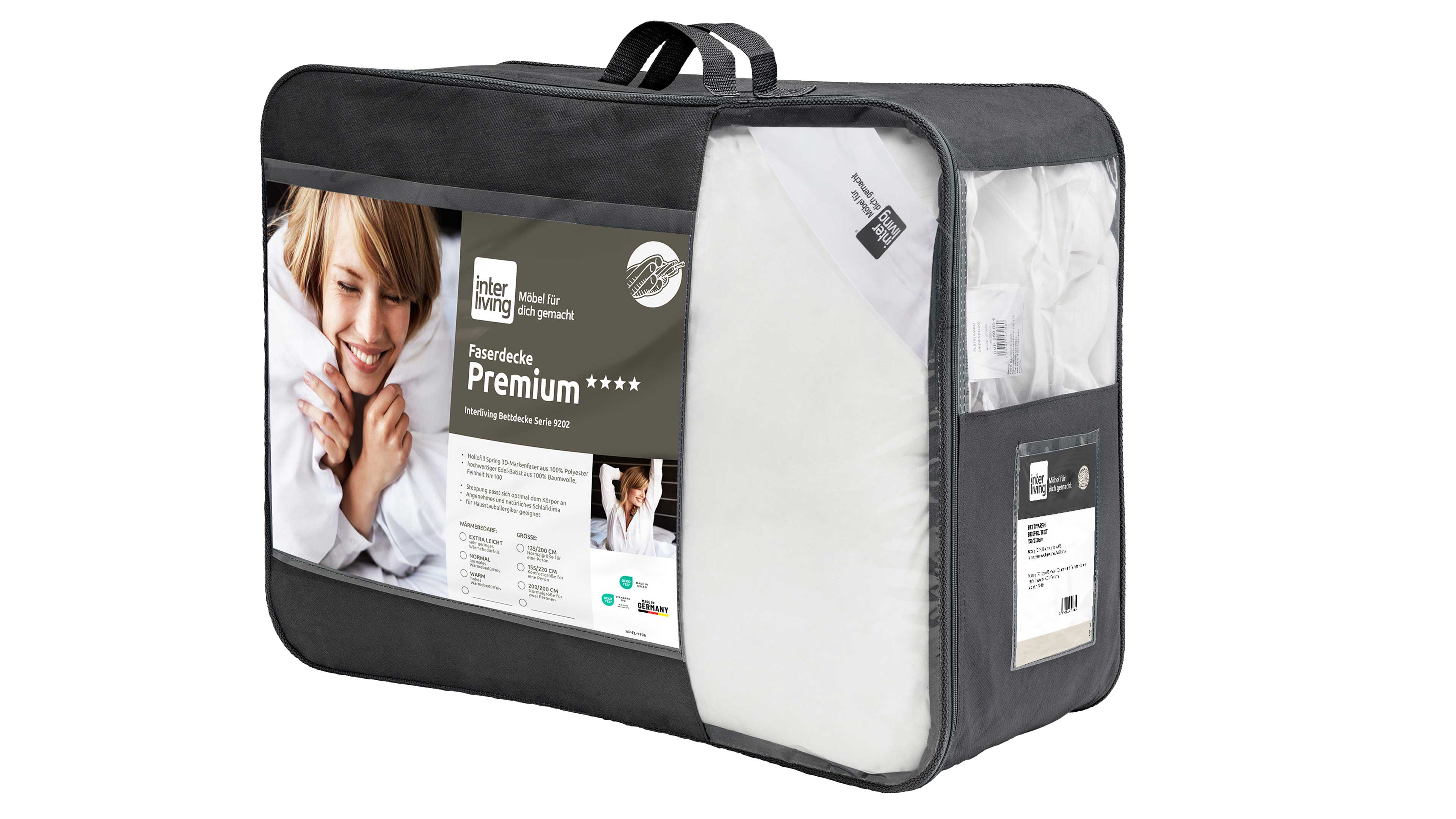 Graue, rechteckige Tasche mit Reißverschluss und Sichtfenster, darin eine weiße Bettdecke und ein Frontetikett 'Premium' mit Frauenbild.