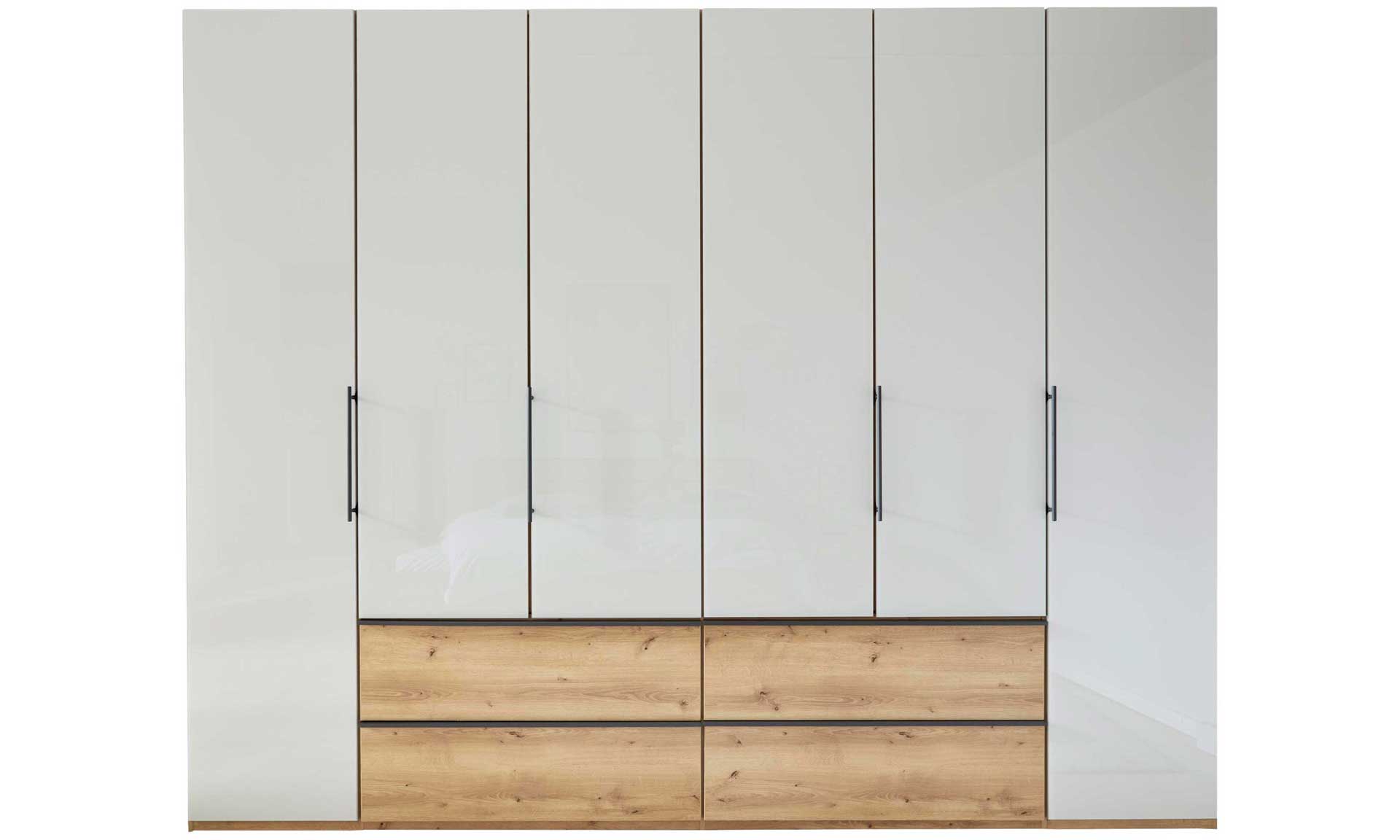Drehtürenschrank in Beige-Grau mit Schubladen und Absetzung in Eiche-Nachbildung