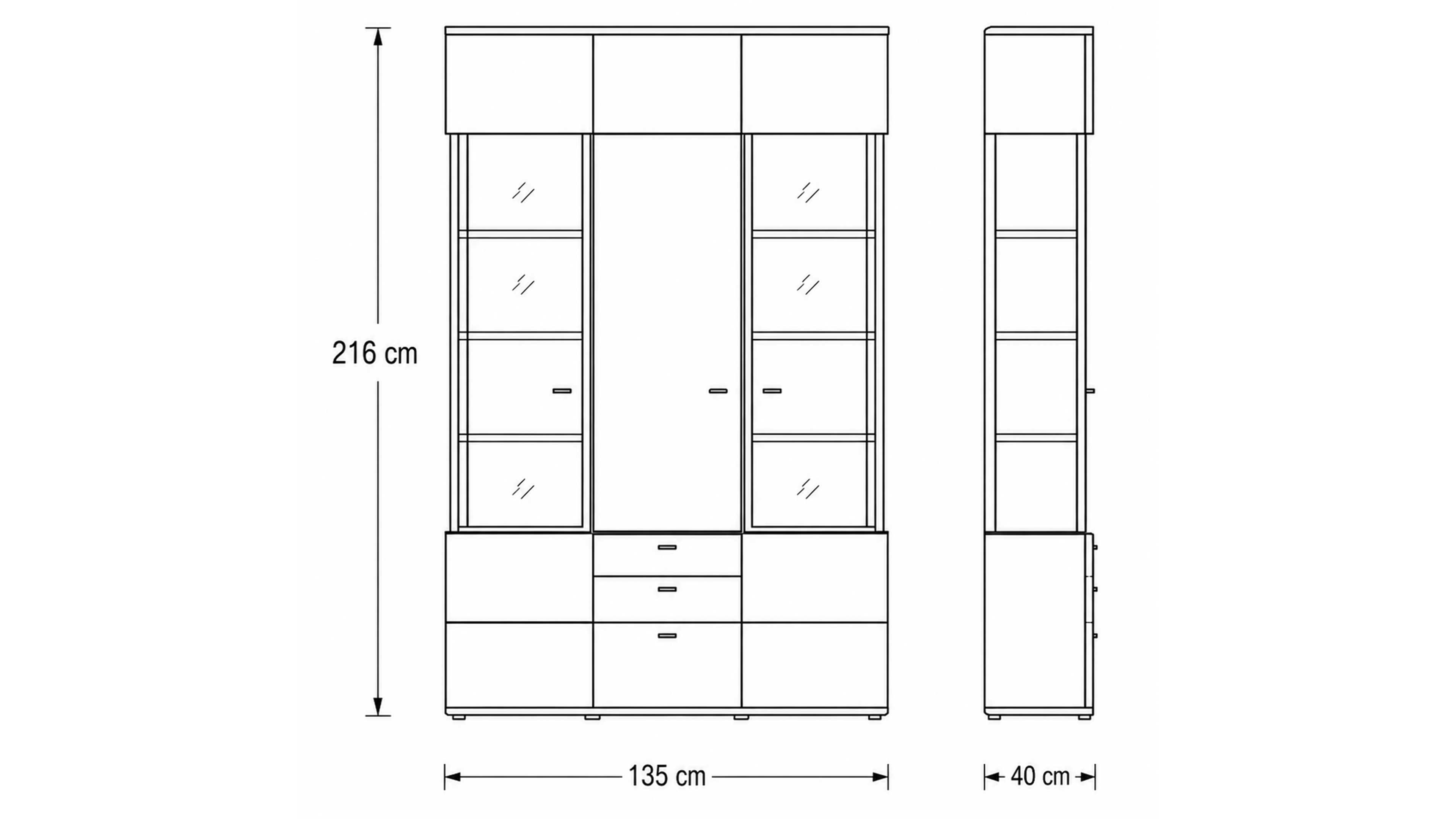 Vitrine in Alteiche Dekor mit Glaseinsätzen, Schubladen und geschlossenem Stauraum für Wohnbereiche