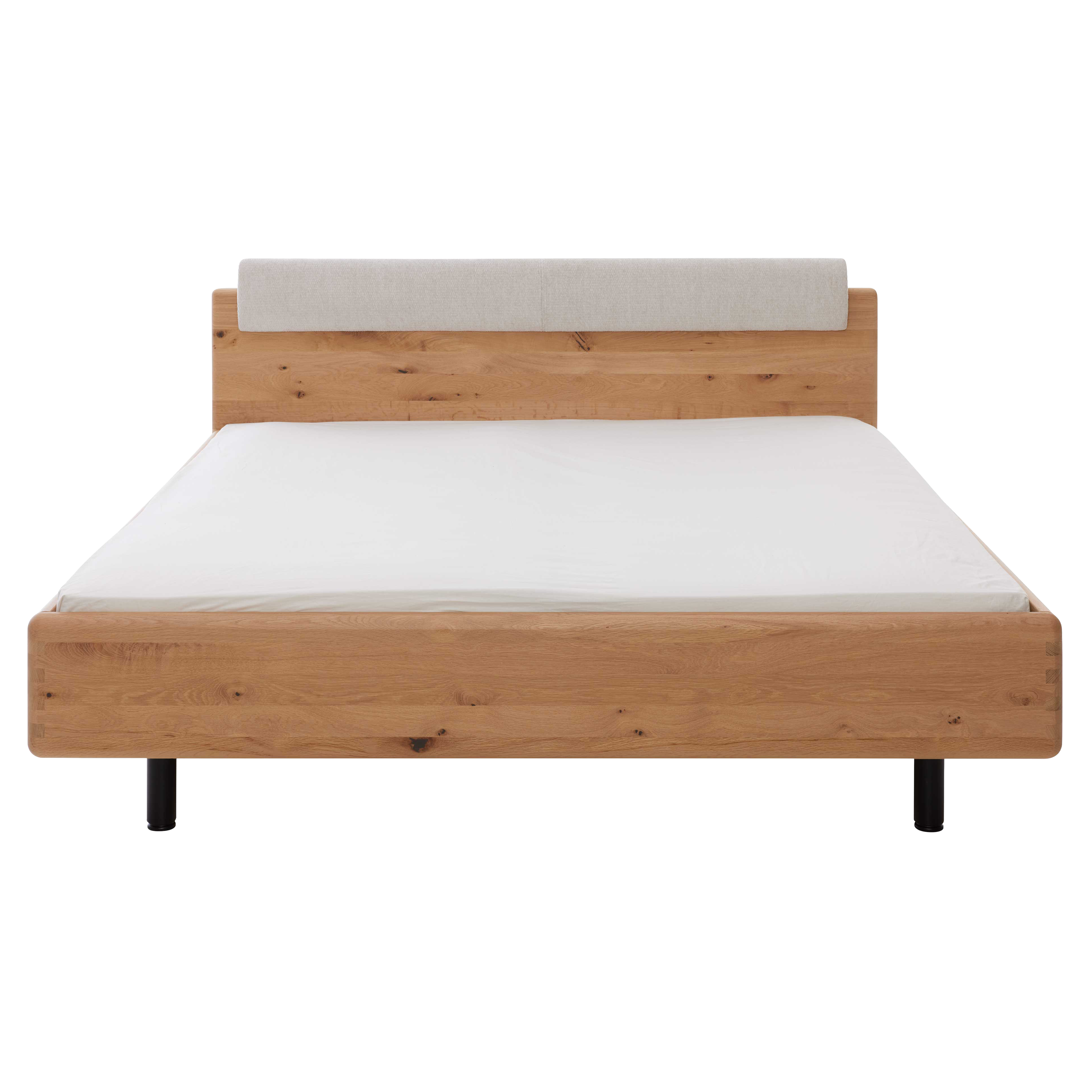 Doppelbett in Wildeiche mit gepolstertem Kopfteil und stabilem Holzrahmen für ein modernes Schlafzimmer