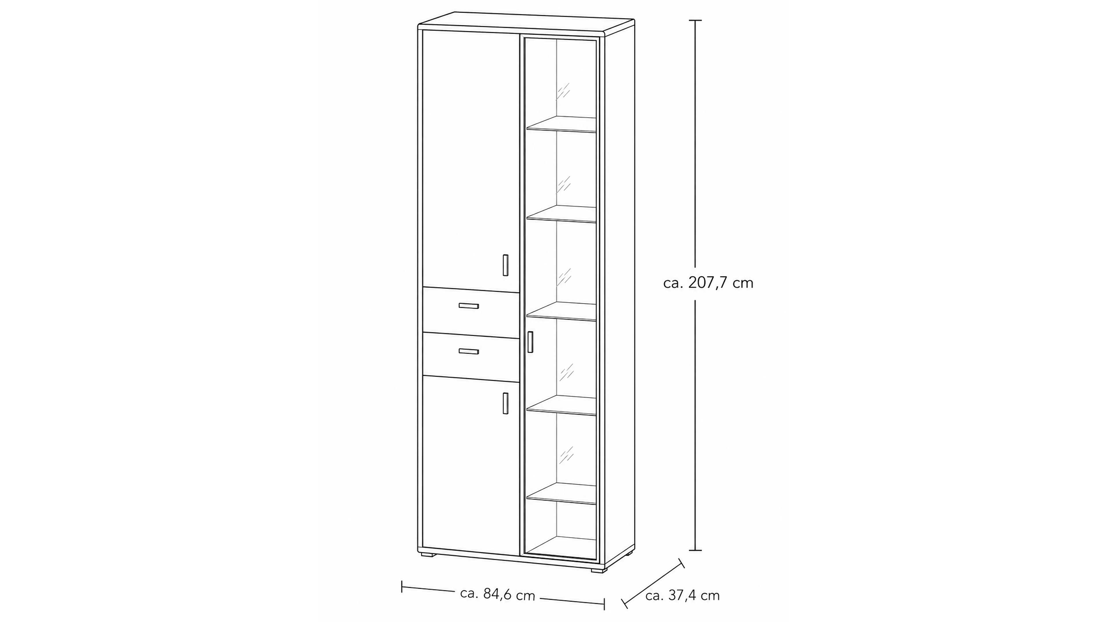 Vitrine mit zwei Türen mit Eichefurnier und Schwarzglastür