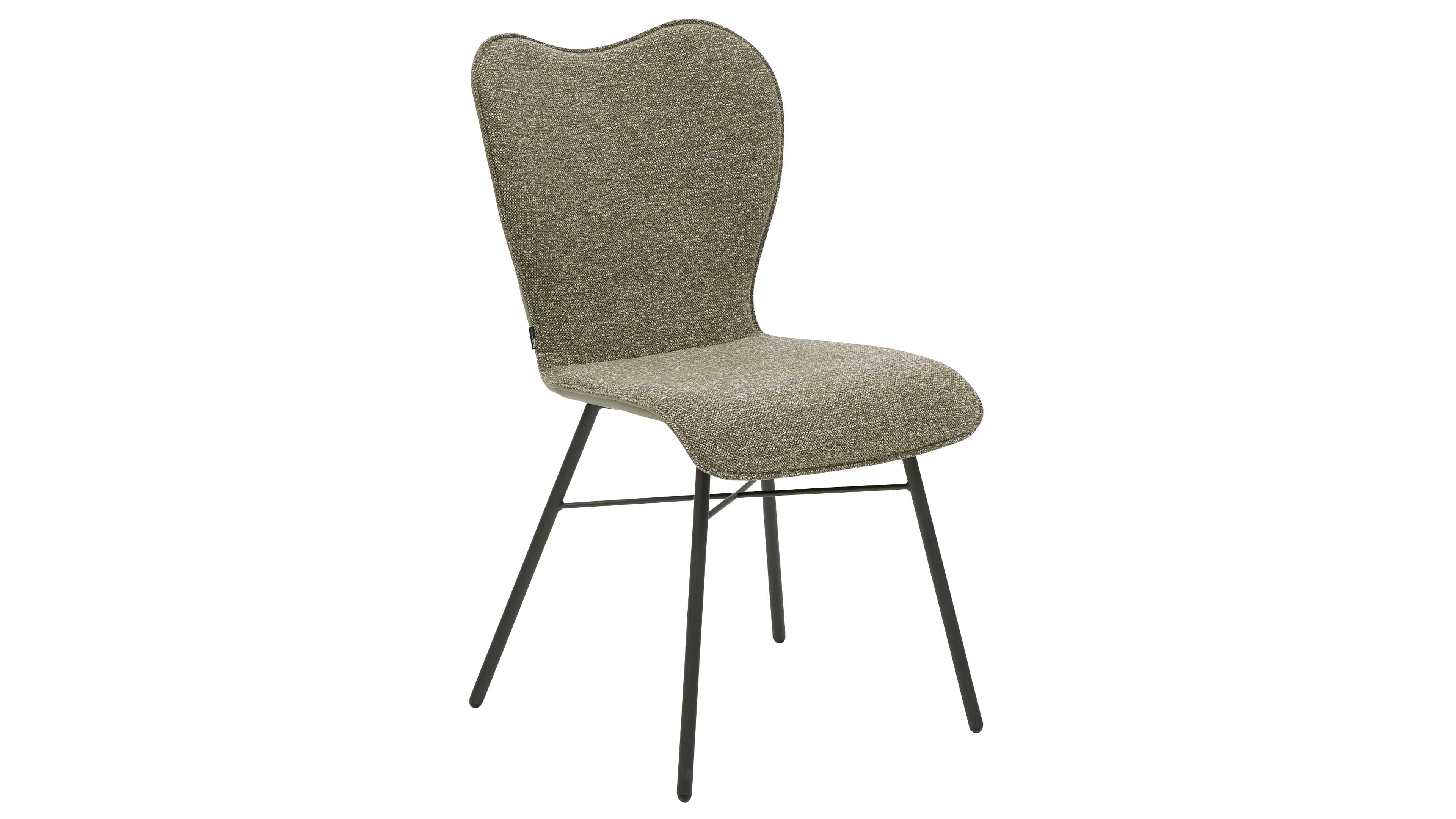 Stuhl mit geformter, gepolsterter Rückenlehne und Sitz in grün-braun strukturierter Stoffbespannung sowie schwarzen Metallbeinen.
