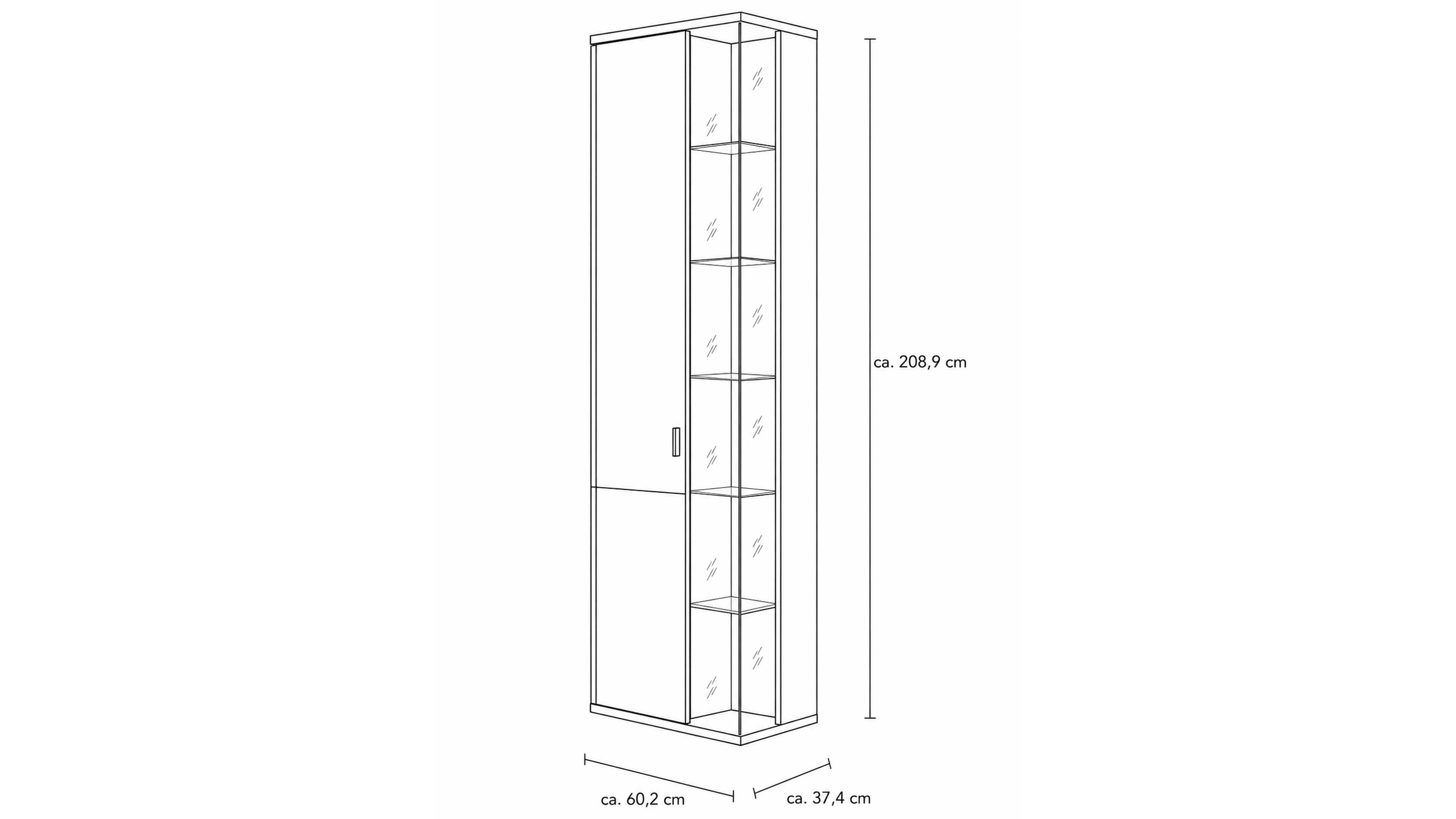 Hohe Vitrine in Asteiche und Schwarzglas-Einsätzen