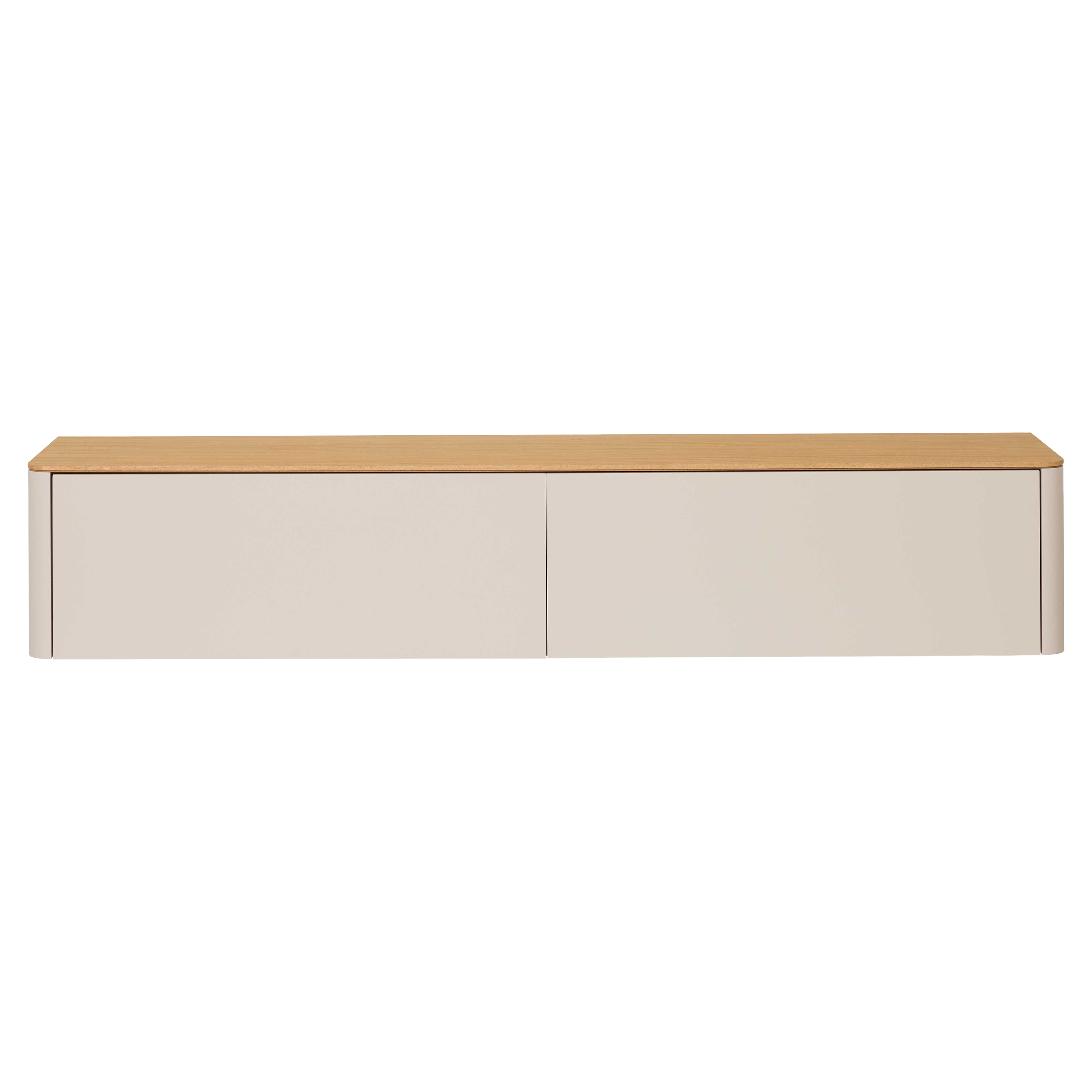 Modernes TV-Lowboard in Weiß mit Holzrückwand und klarer Linienführung