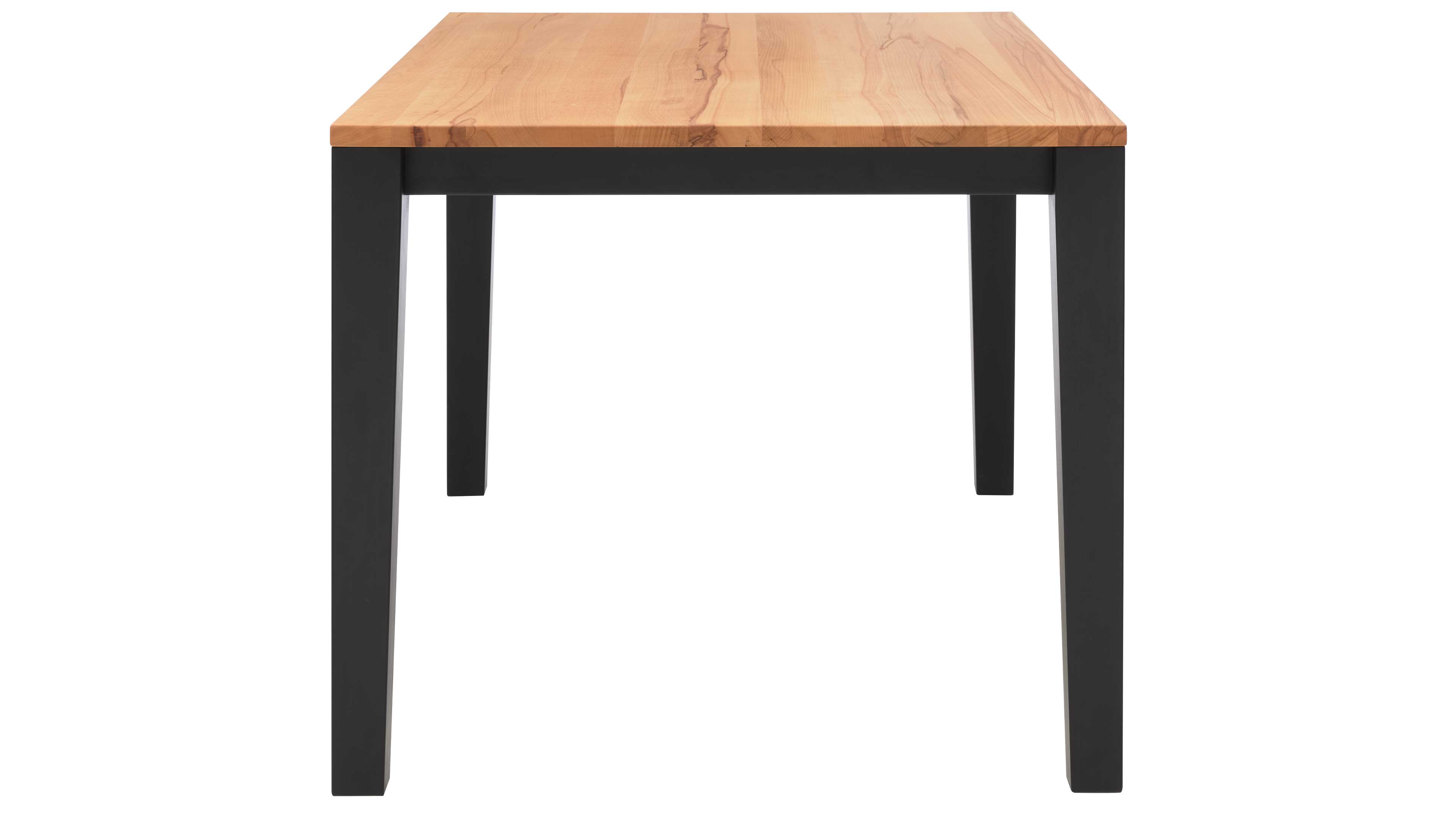 Tisch mit heller Holzplatte und sichtbarer Maserung, schwarzem rechteckigem Gestell und vier geraden Beinen vor weißem Hintergrund.