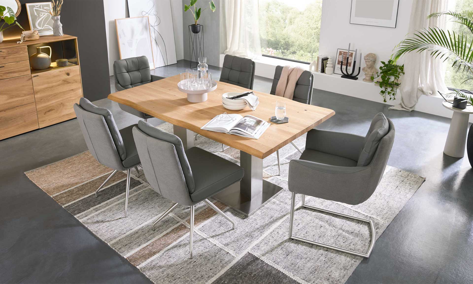 Freischwinger-Sessel mit grauem Leder-Cord-Mix und Edelstahlgestell