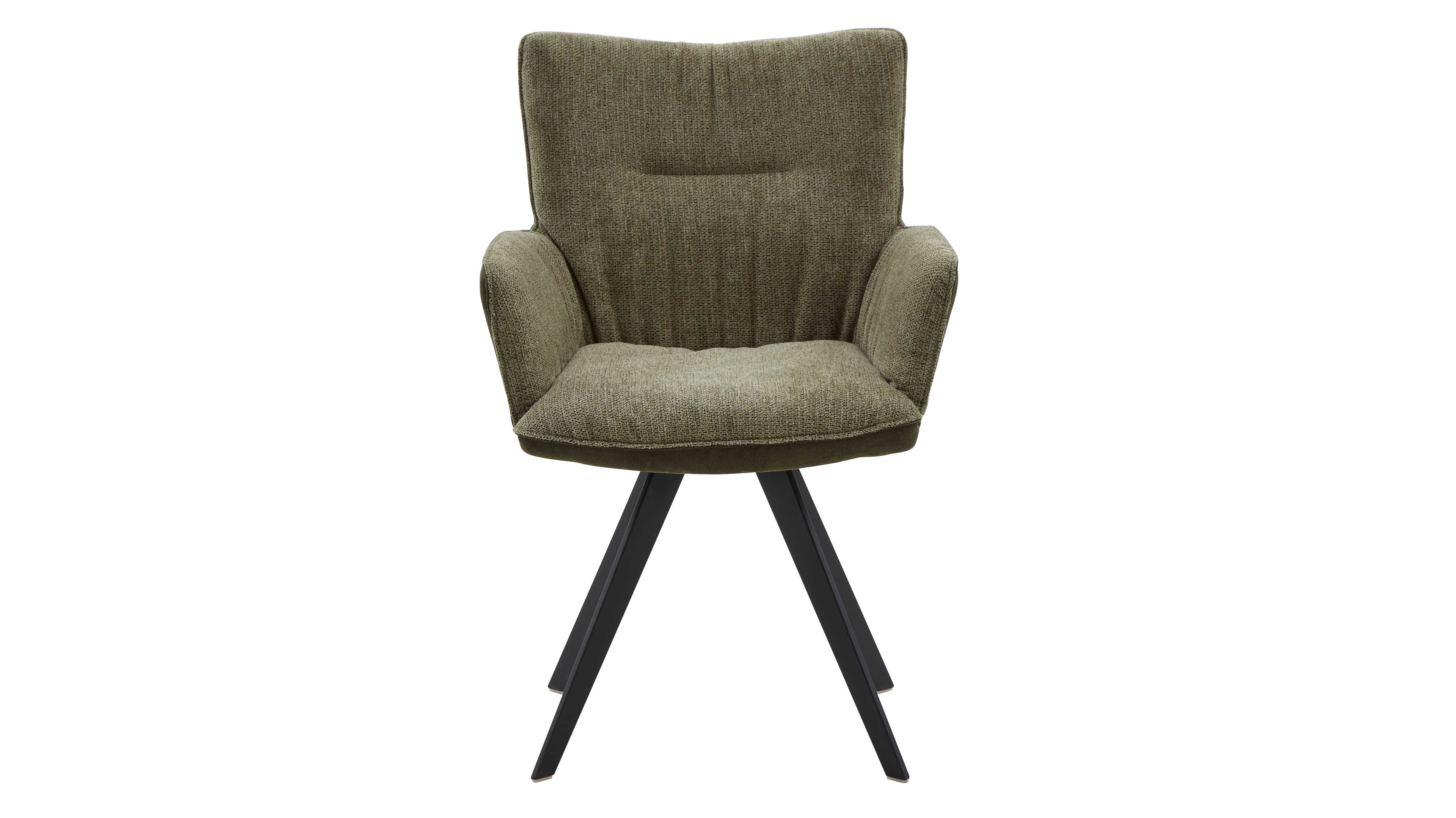 Olivegrüner, gepolsterter Armlehnstuhl mit hoher Rückenlehne, weicher Sitzfläche, seitlichen Armlehnen und schwarzen Metallbeinen.