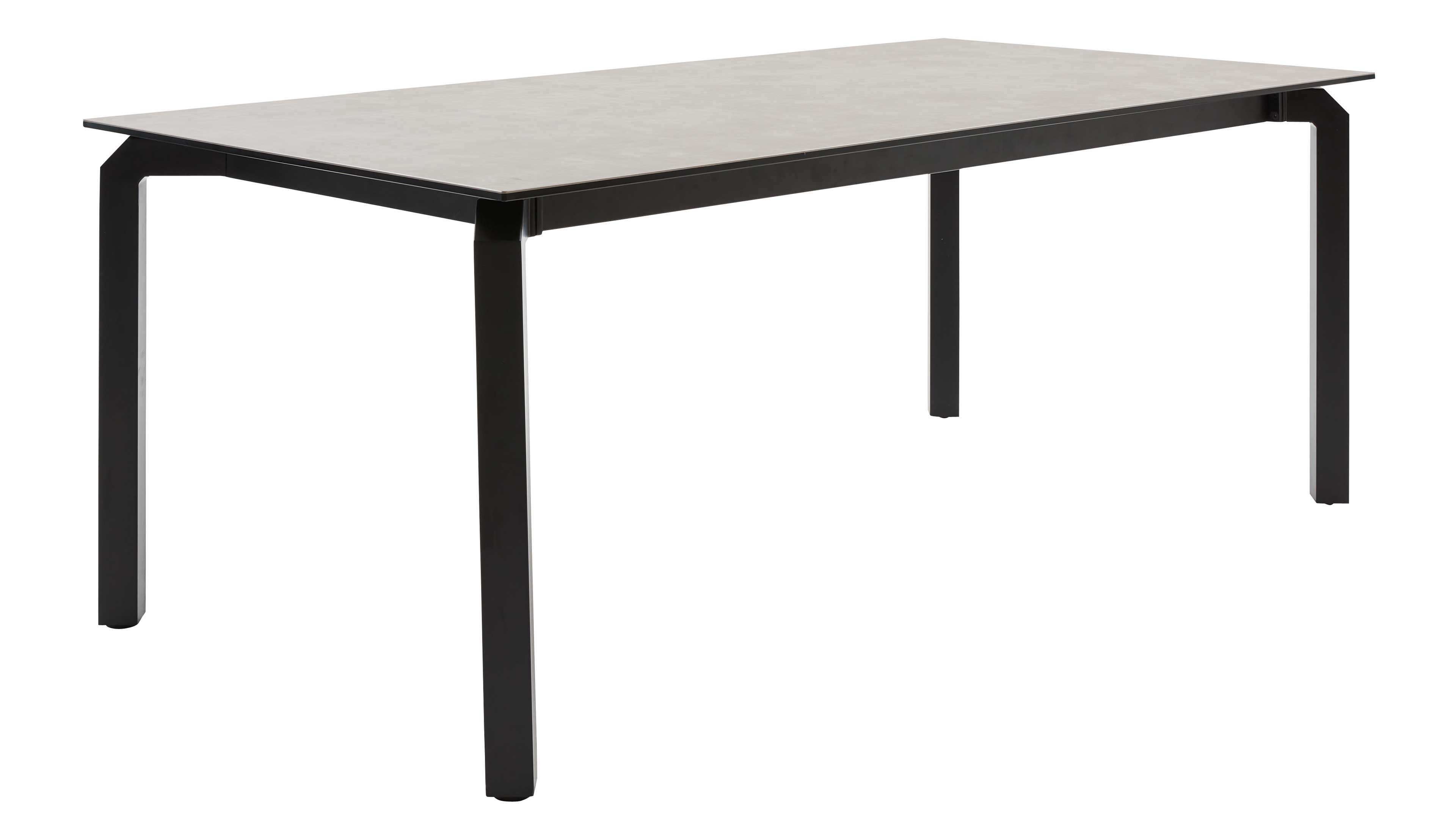Schlichter rechteckiger Tisch mit hellgrauer, dünner Tischplatte und vier schwarzen, rechteckigen Beinen.