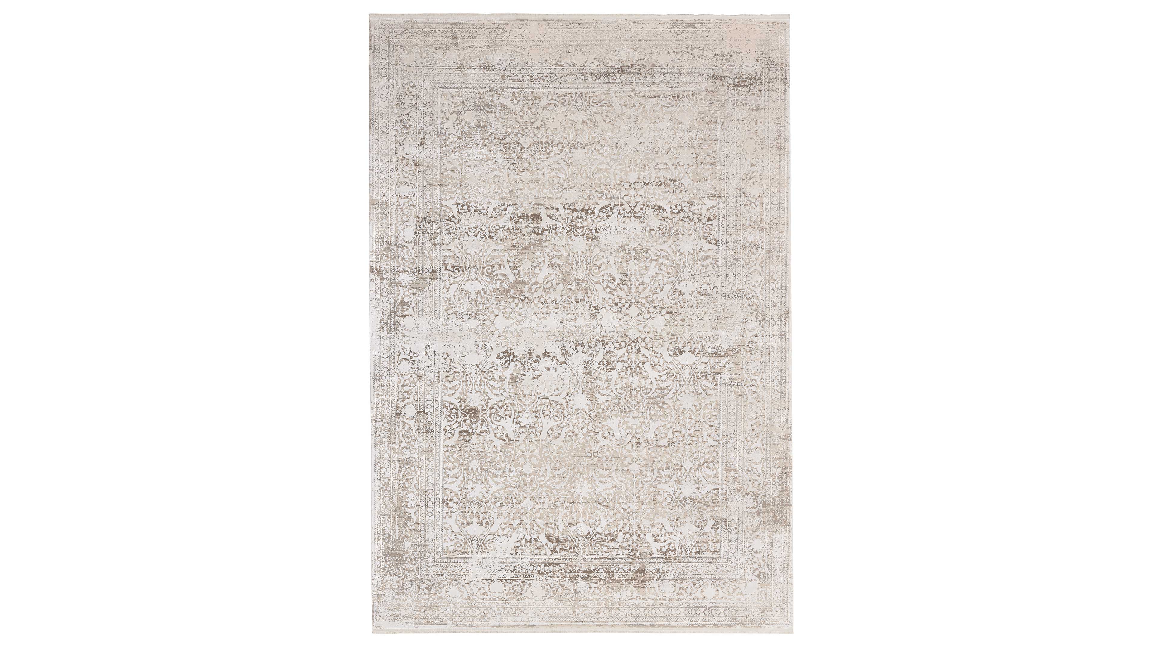 Rechteckiger Teppich mit verblasstem floral-orientalischem Muster und schmaler Zierbordüre in Beige- und Cremetönen.