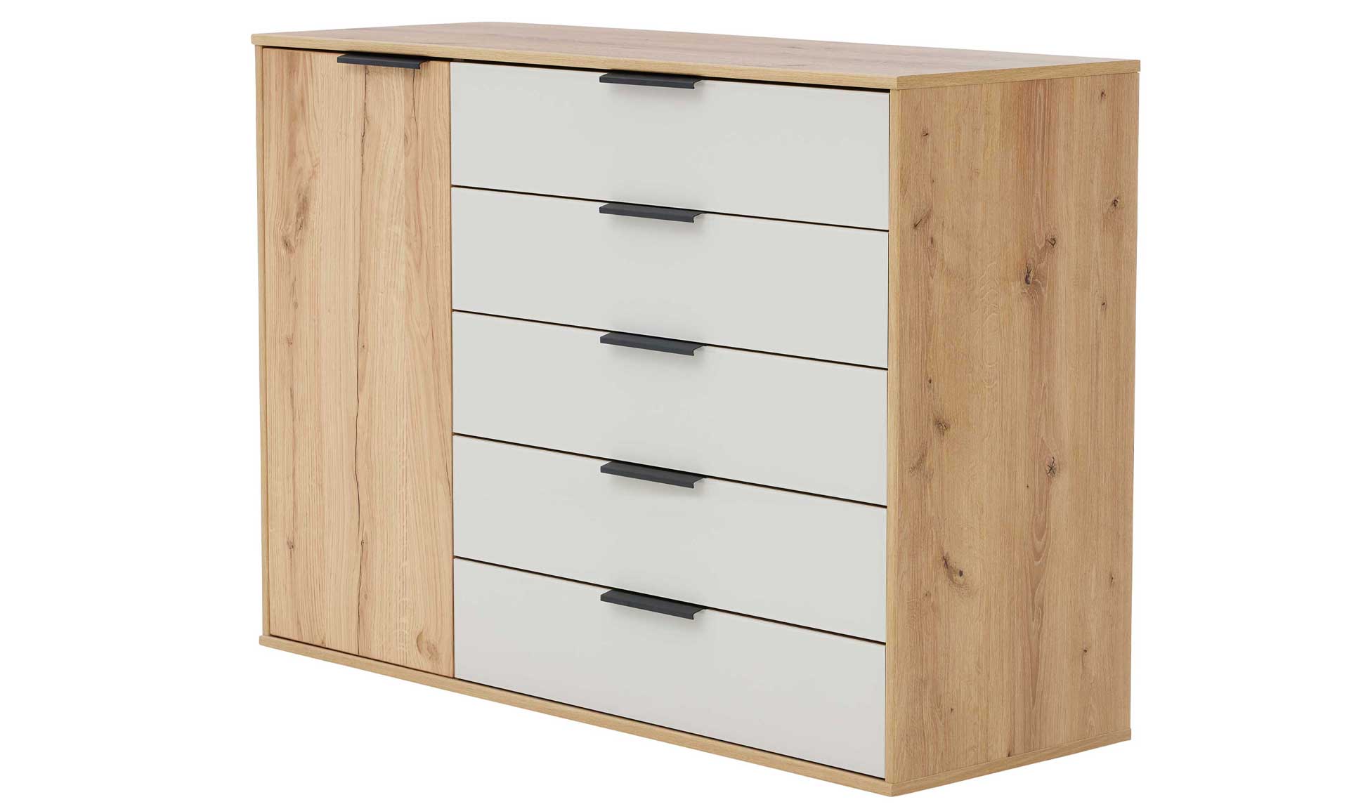 Kommode mit Hochglanzfronten in Beige-Grau und Korpus in Eiche-Optik