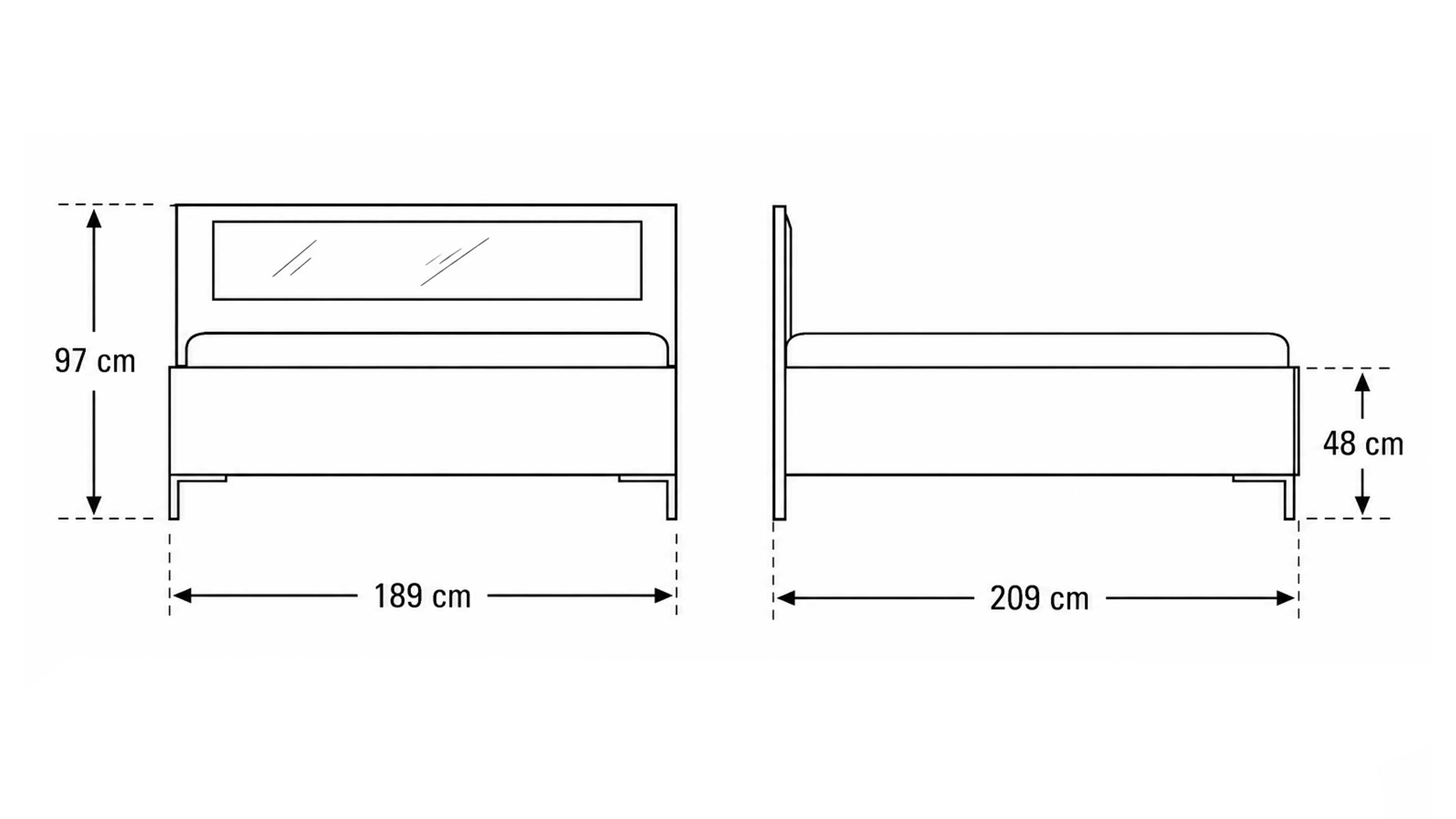 Doppelbett in Weiß mit filigranen Metallfüßen und Glas-Akzent im Kopfteil