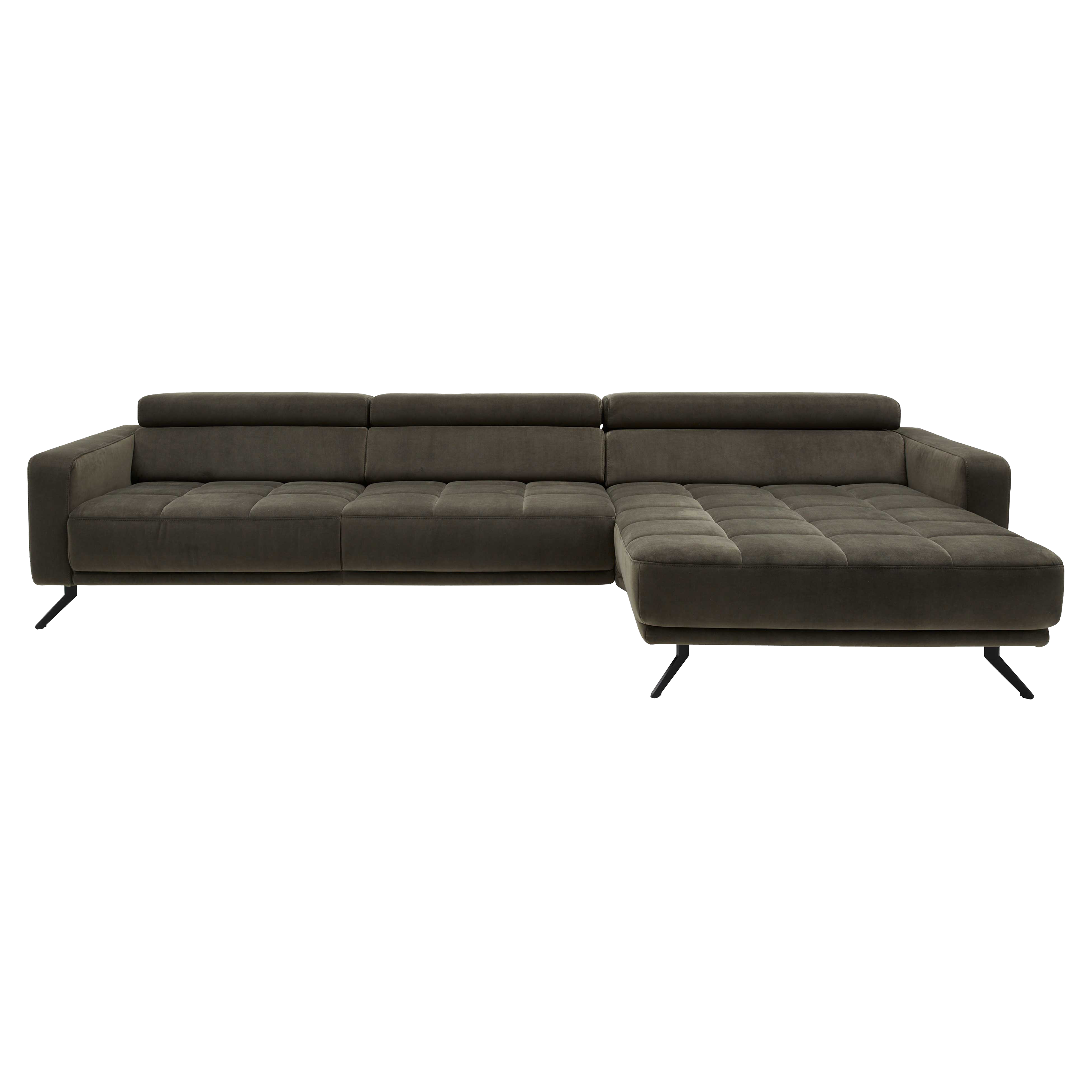 Großes dunkelgraues Ecksofa mit rechts liegender Ottomane, gesteppten Sitzflächen, verstellbaren Kopfstützen und schwarzen Metallfüßen.