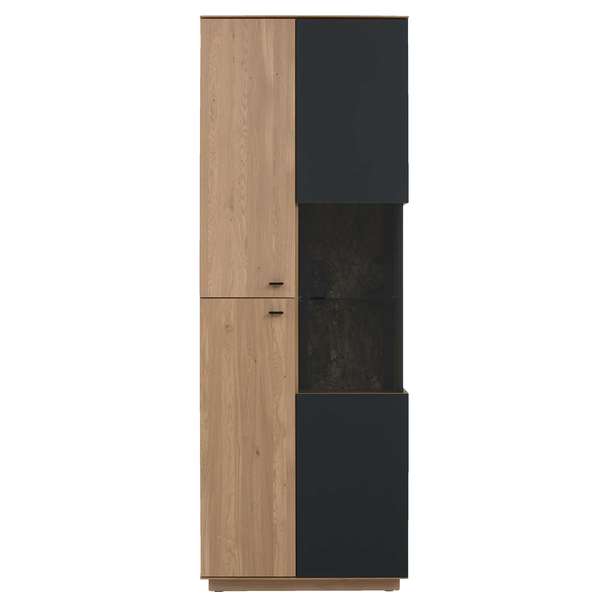 Hoher Schrank mit linker Holzfront, rechten schwarzen Türen, mittiger Glasvitrine mit dunklem Innenraum und schwarzen Griffen.