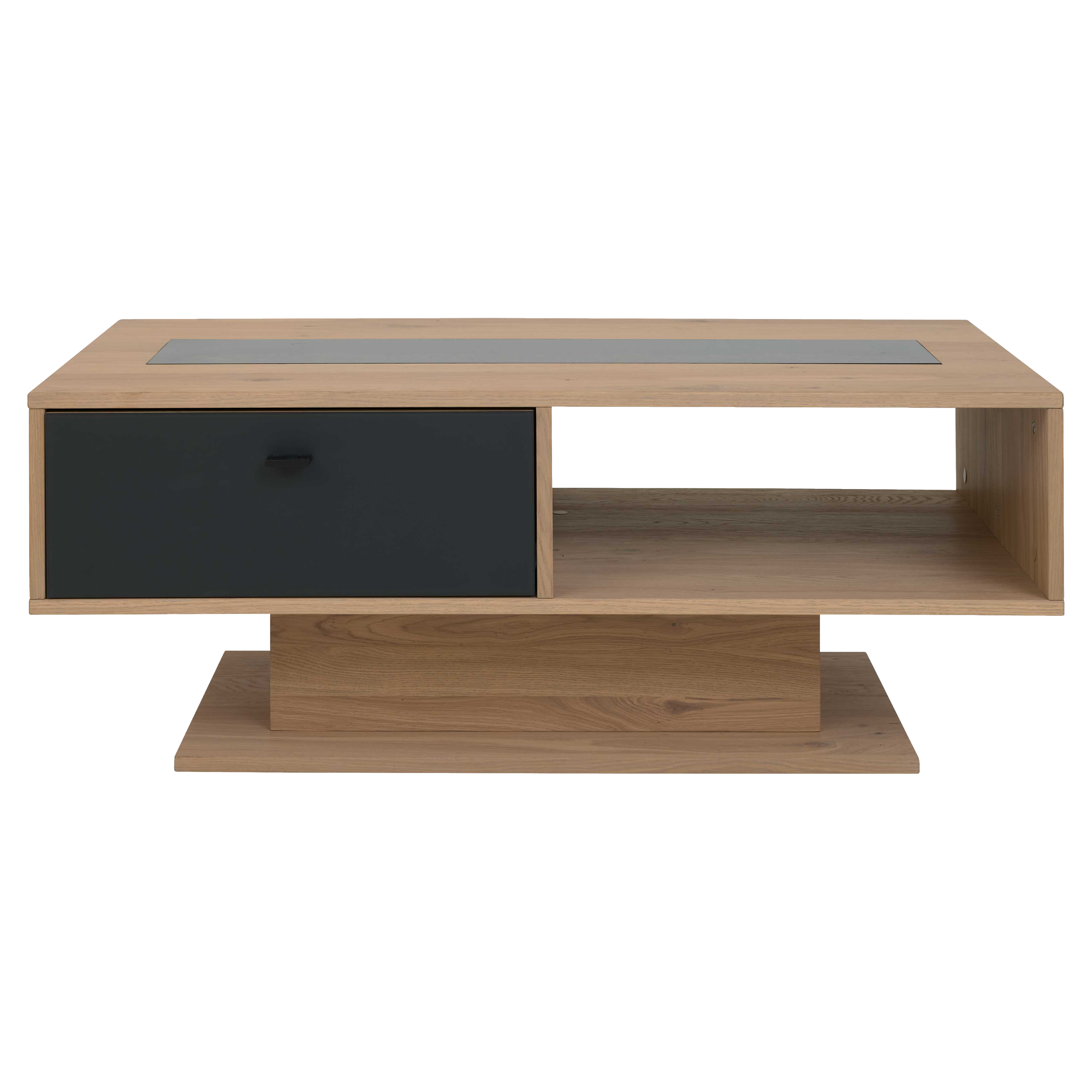 Rechteckiger Couchtisch aus hellem Holz mit dunklem Einlegefeld, links schwarze Schubladenfront mit Griff, rechts offenes Fach.