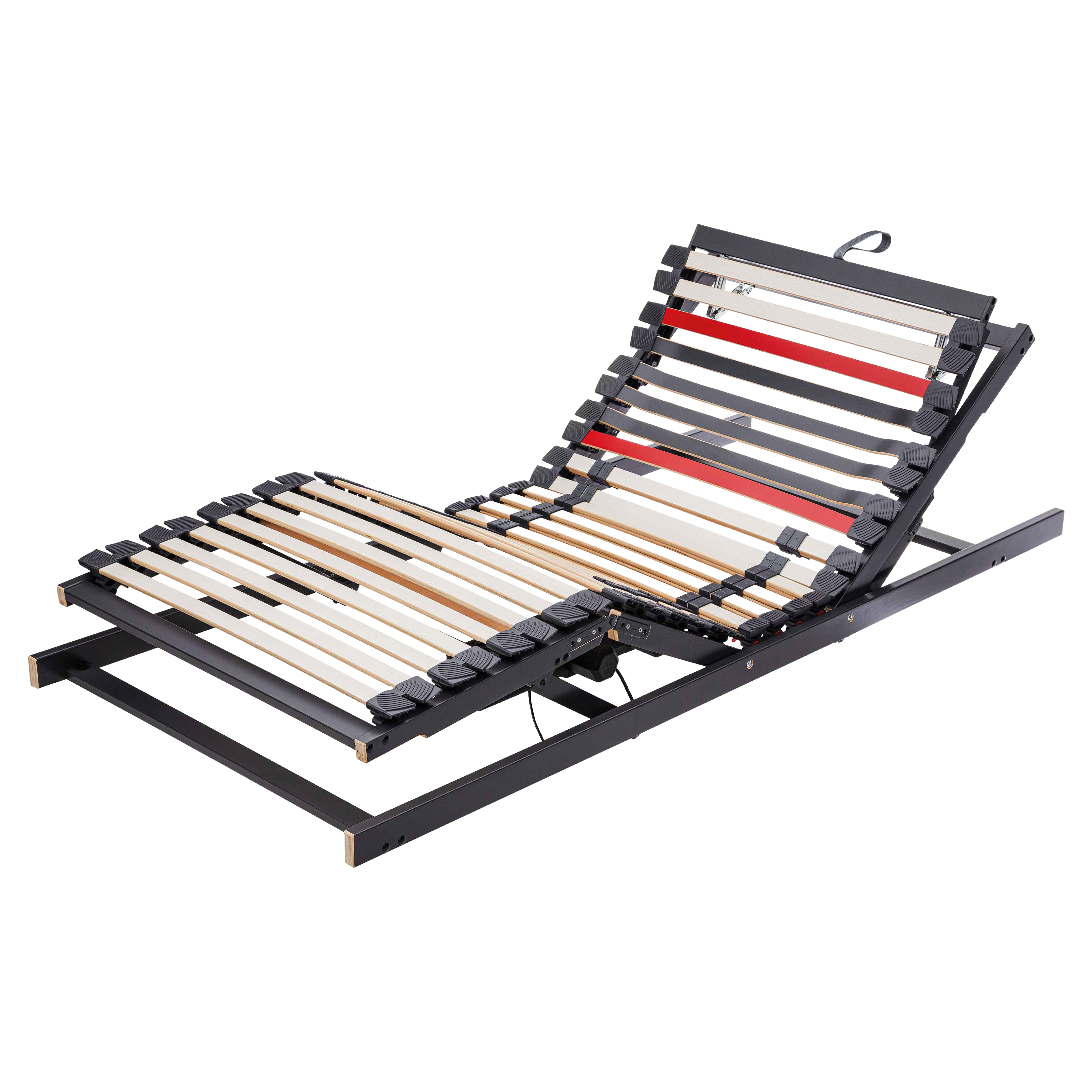 Verstellbarer Lattenrost mit schwarzem Metallrahmen, gebogenen Holzlatten, roten Latten und erhöhtem Kopfteil.