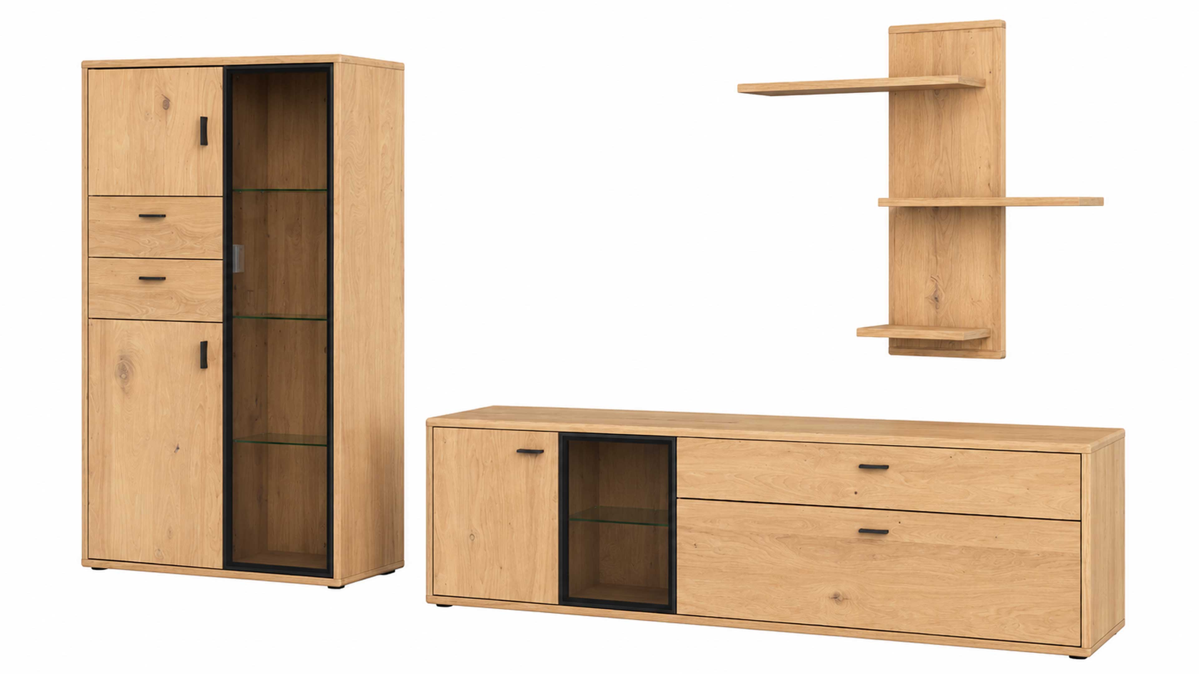 Wohnlösung mit Highboard, TV-Unterteil und Wandpaneel mit Eichefurnier und Schwarzglas