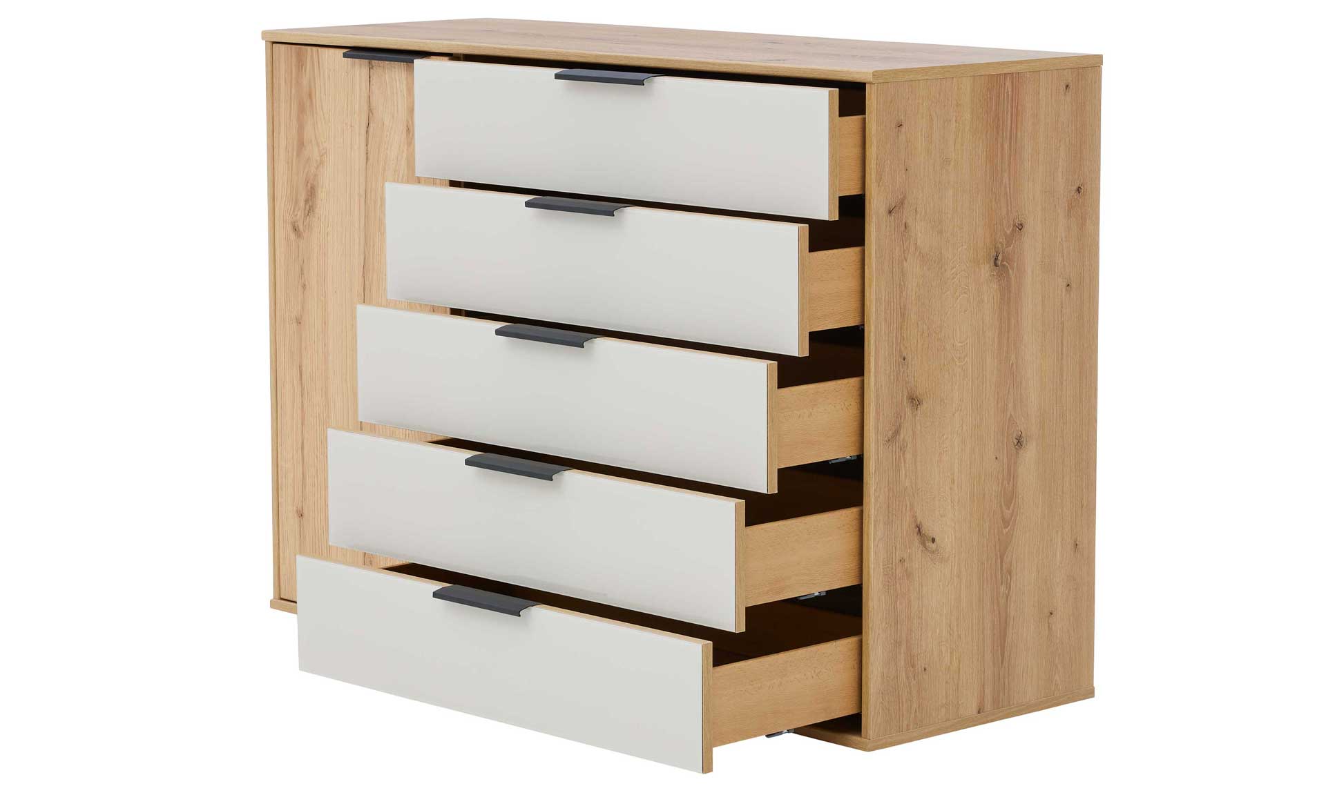 Kommode mit Hochglanzfronten in Beige-Grau und Korpus in Eiche-Optik