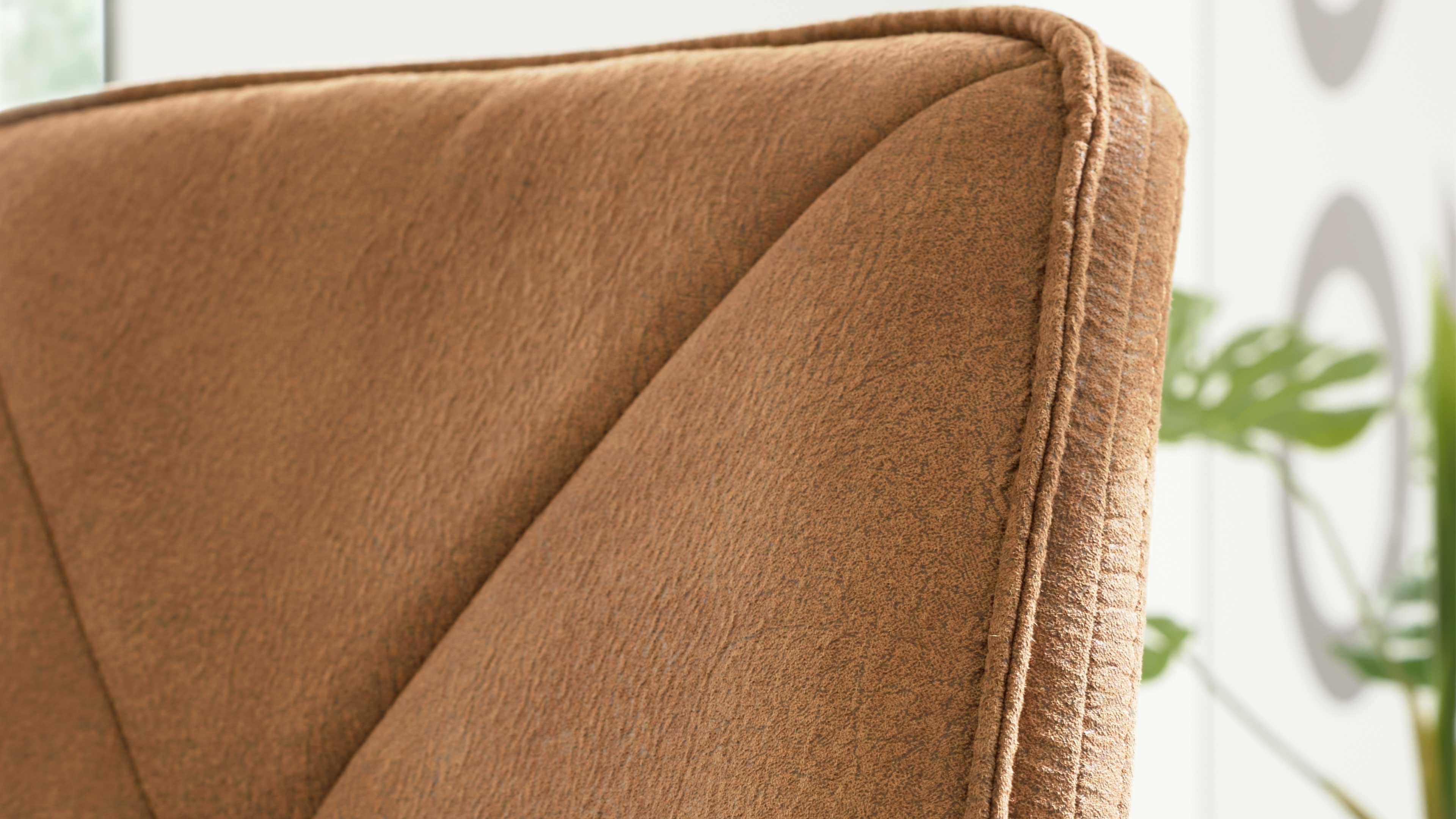 Braunes, strukturiertes Polster mit sichtbarer Kedernaht an der Rückenlehne, im Hintergrund unscharfe Pflanzenblätter.