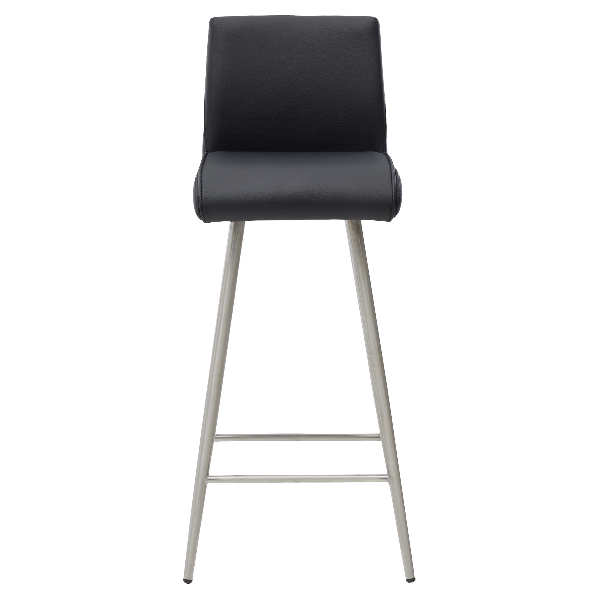 Barhocker mit schwarzer, gepolsterter Rücken- und Sitzfläche, schlanken silbernen Metallbeinen und zwei waagerechten Fußstützen.