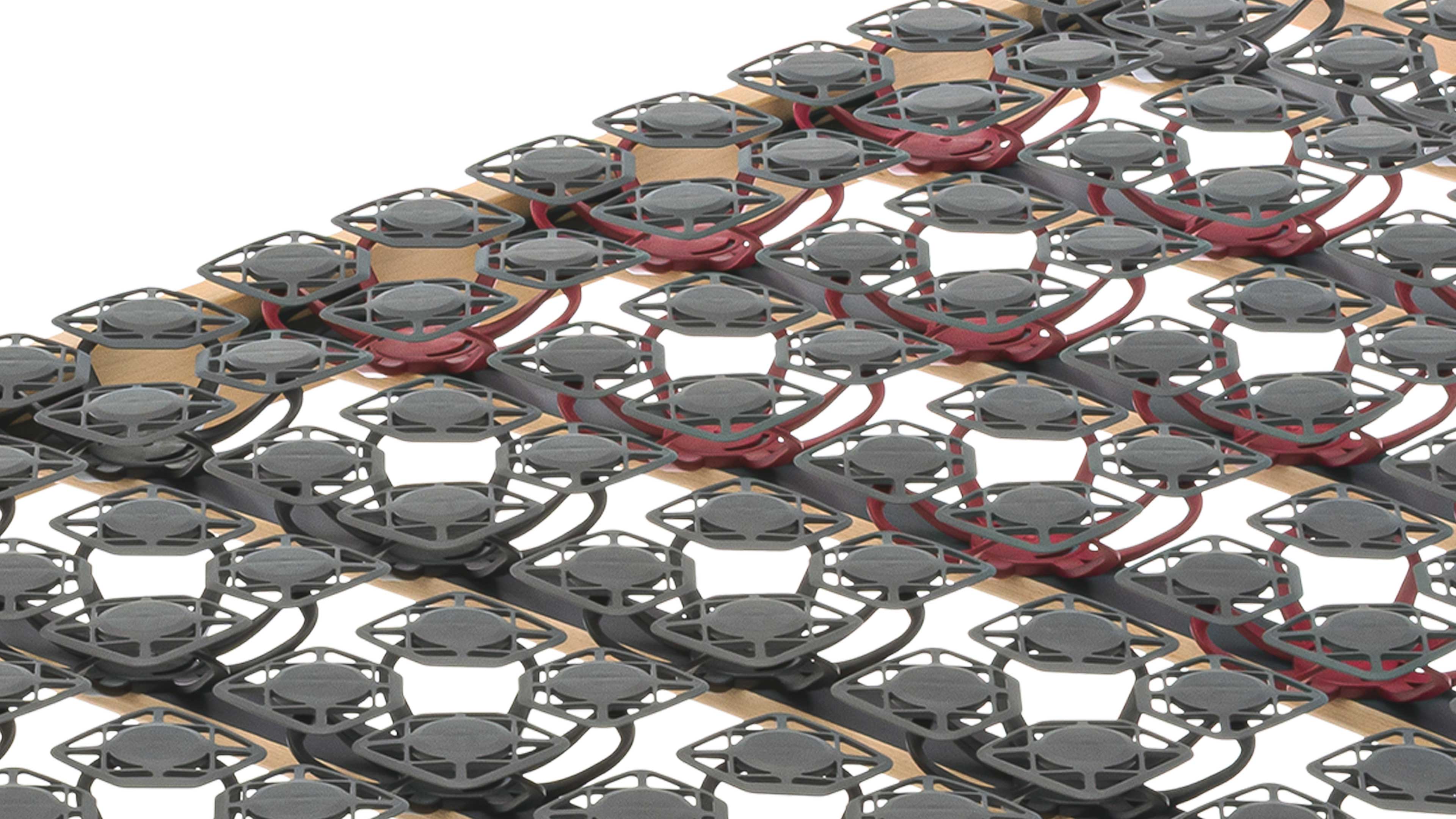 Netz aus parallelen Holzlatten mit vielen runden grauen Kunststoff-Tellern in schwarzen und roten Halterungen.