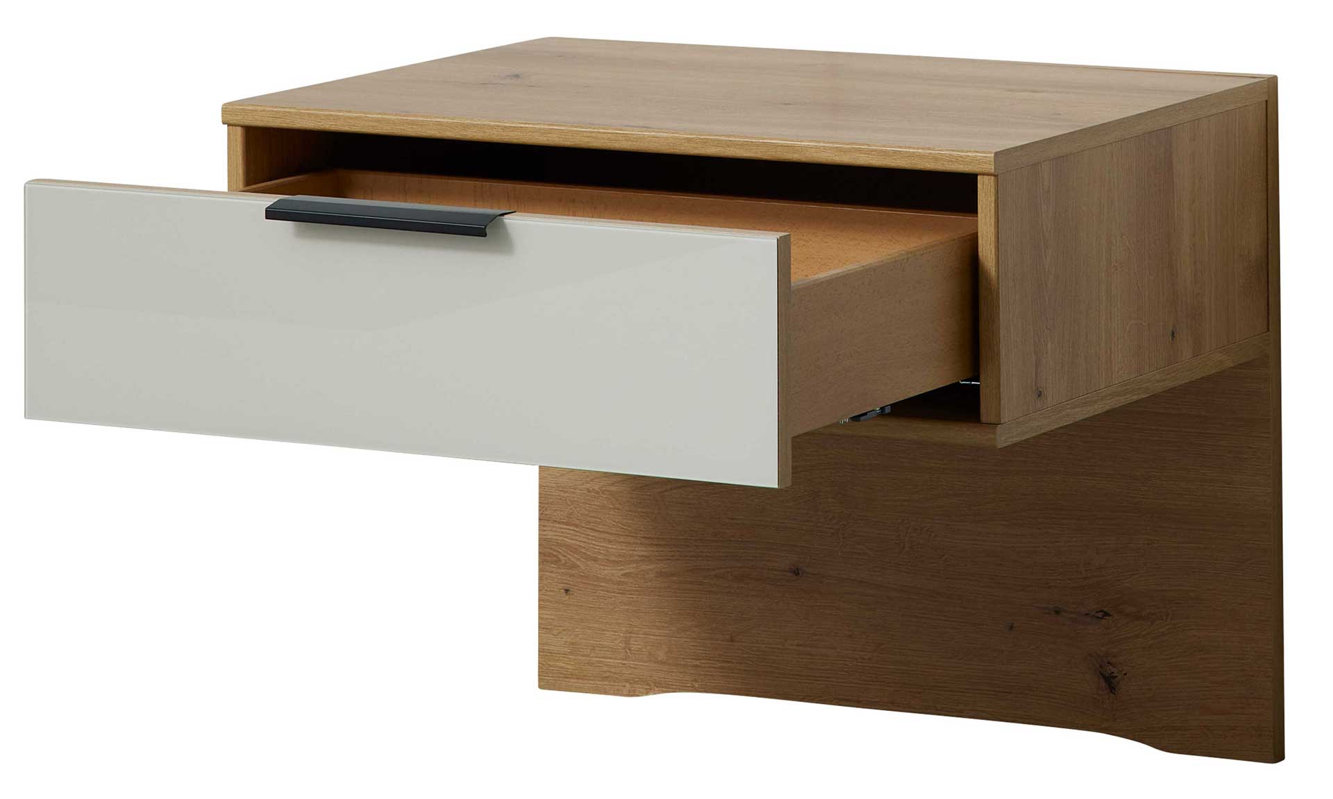Komplettes Schlafzimmer in Beige-Grau mit heller Eiche