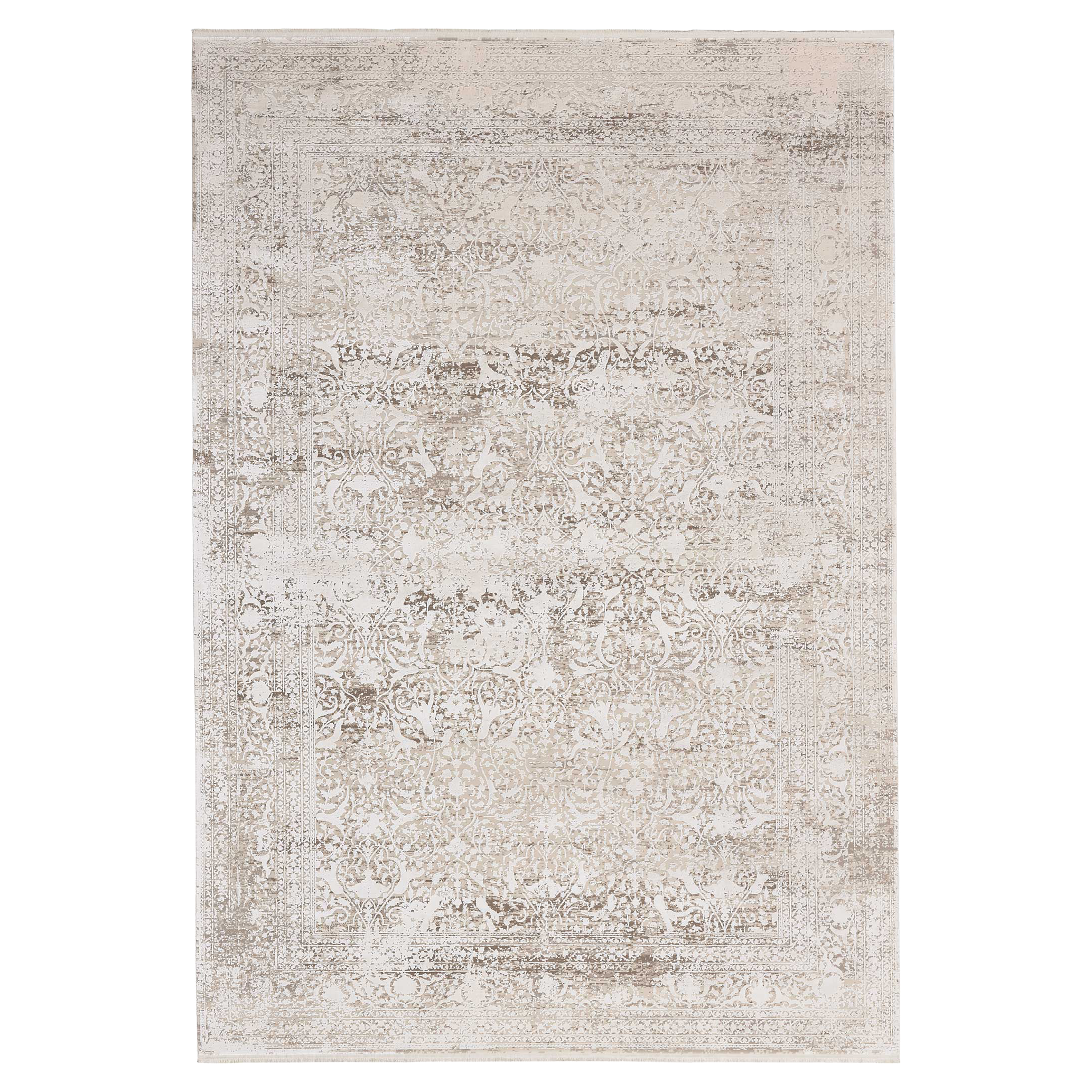 Rechteckiger Teppich mit verblasstem floral-orientalischem Muster und schmaler Zierbordüre in Beige- und Cremetönen.