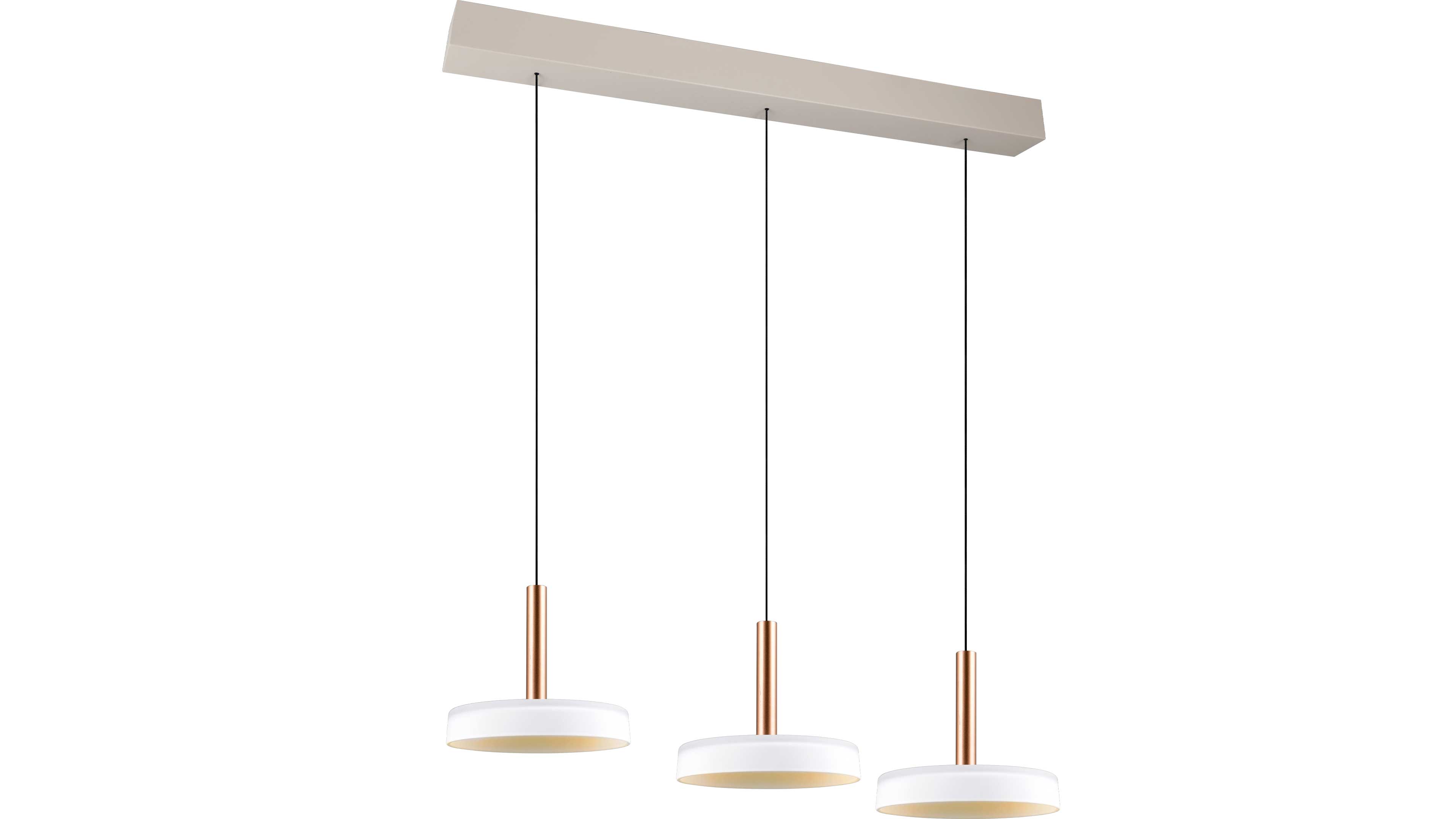 Hängeleuchte mit drei flachen, weißen Scheibenschirmen, jeweils an schwarzem Kabel und kupferfarbenem Rohr hängend.