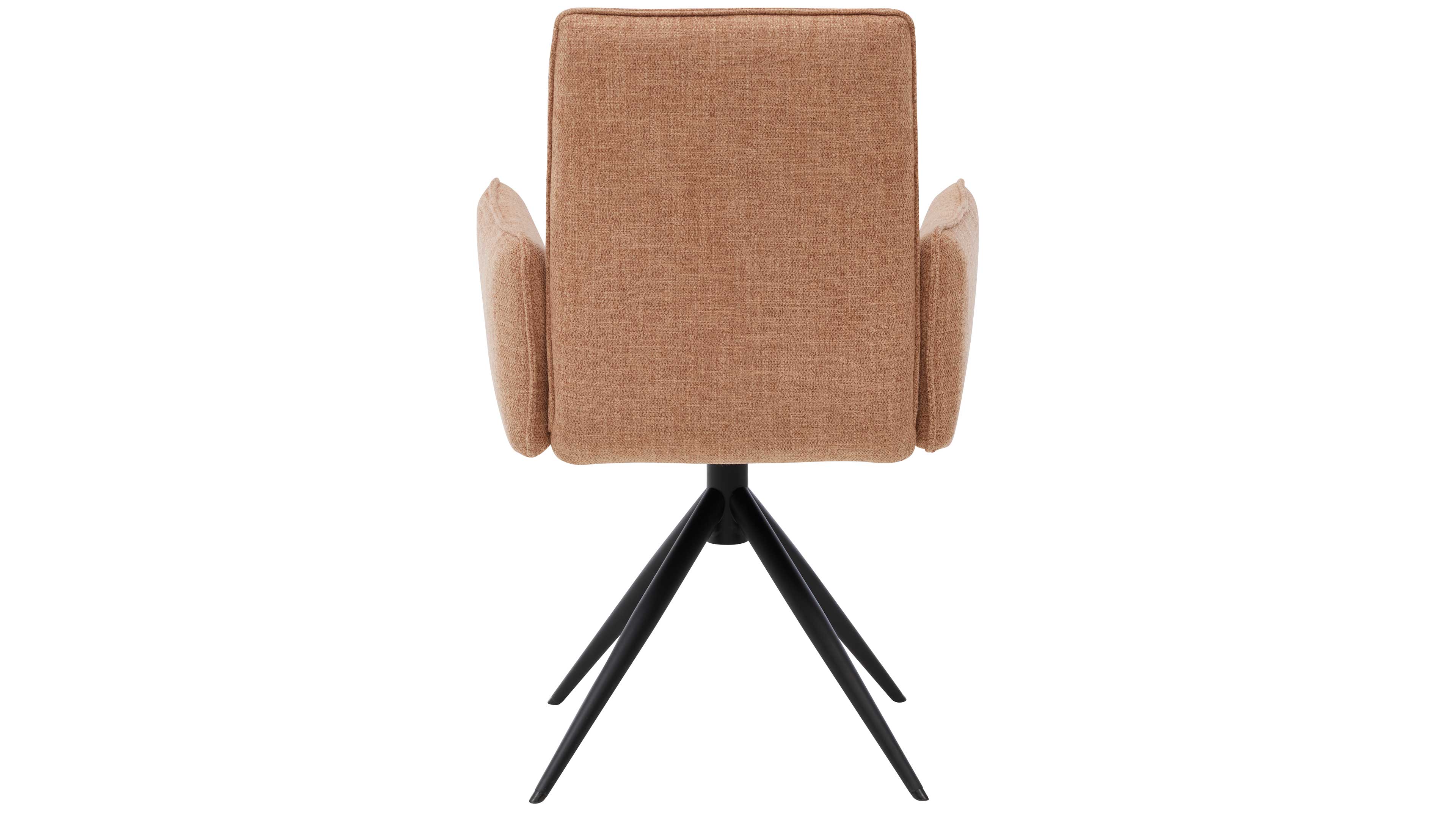 Rückansicht eines gepolsterten Stuhls in hellbraunem Stoff mit hohen Armlehnen und schwarzer, vierarmiger Metallfußkreuz‑Basis.