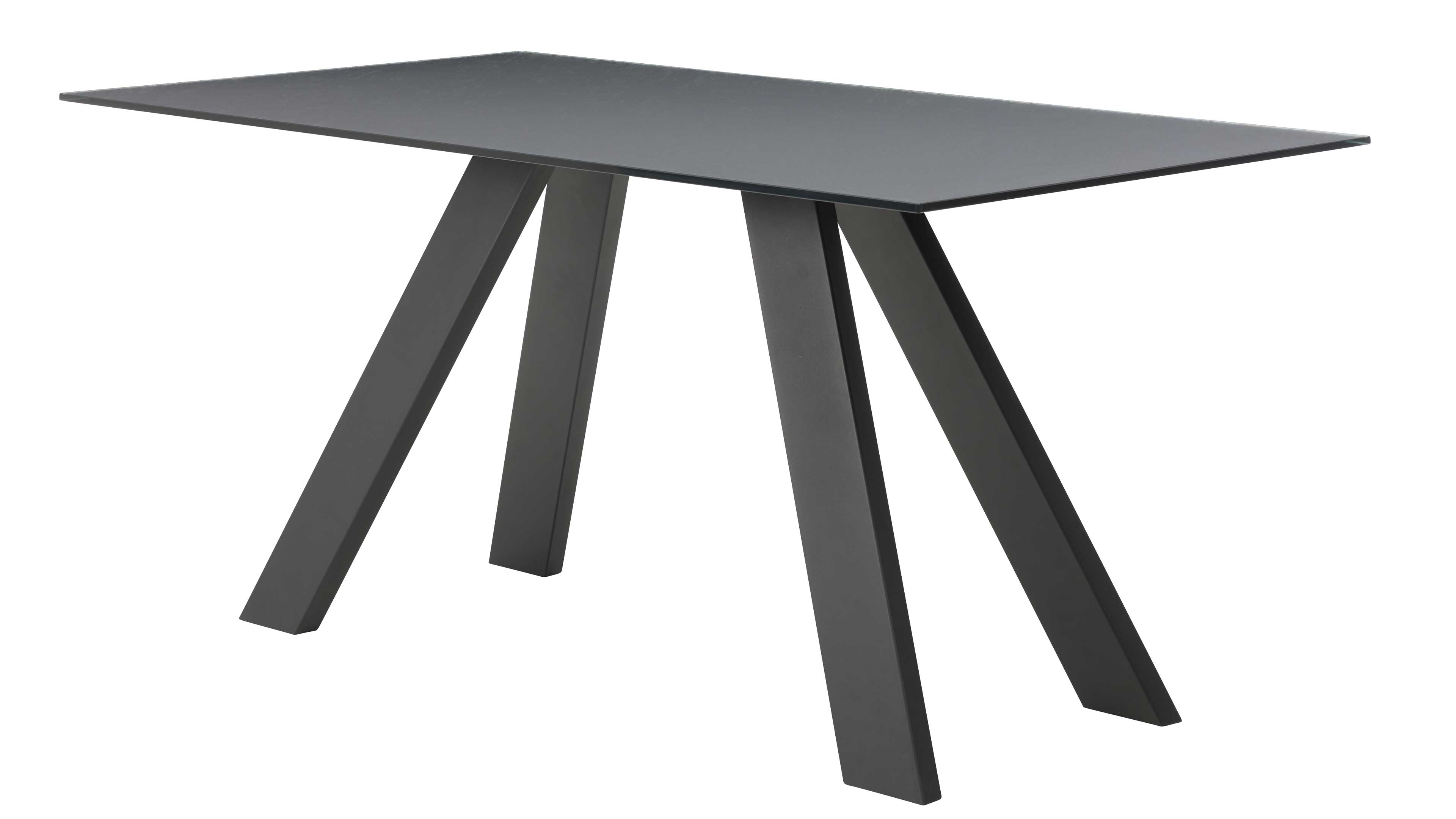 Rechteckiger dunkelgrauer Tisch mit flacher Tischplatte und vier kantigen, schräg gestellten Beinen in V‑Anordnung.