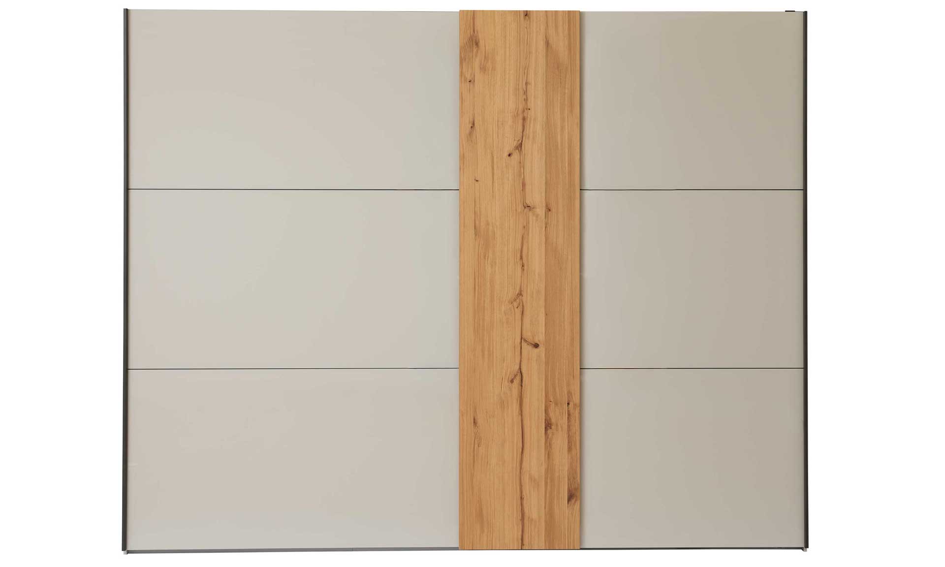 Schwebetüren-Kleiderschrank mit zwei Türen in Graubeige und Kernholz