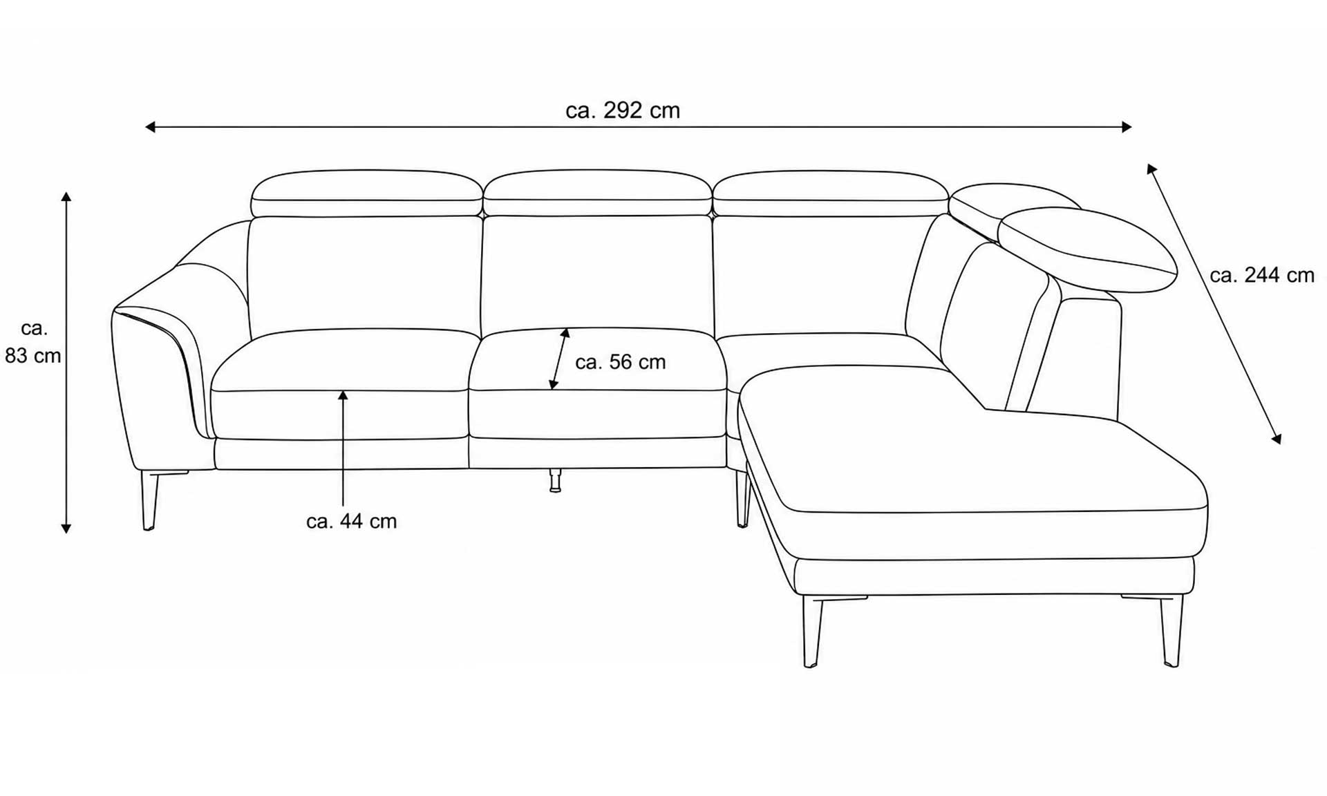 Leder-Ecksofa in Haselnussbraun, mit schwarzen Metallfüßen
