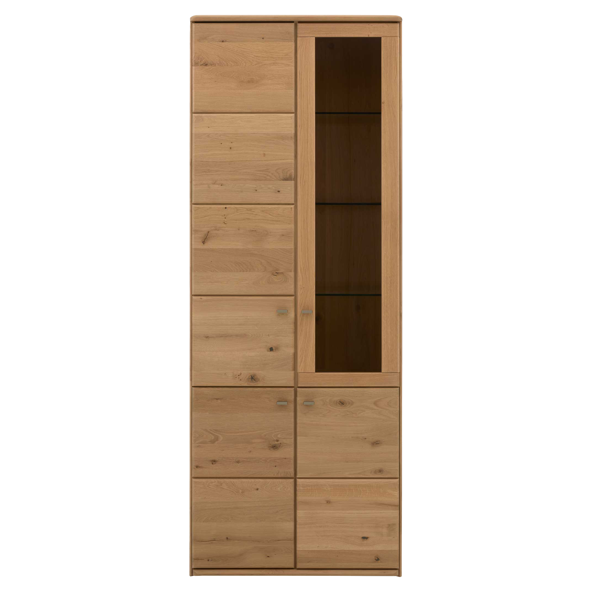 Schmale hohe Holzvitrine mit links sechs Holzklappen, rechts Glastür mit zwei Glasböden und unteren Holztüren.