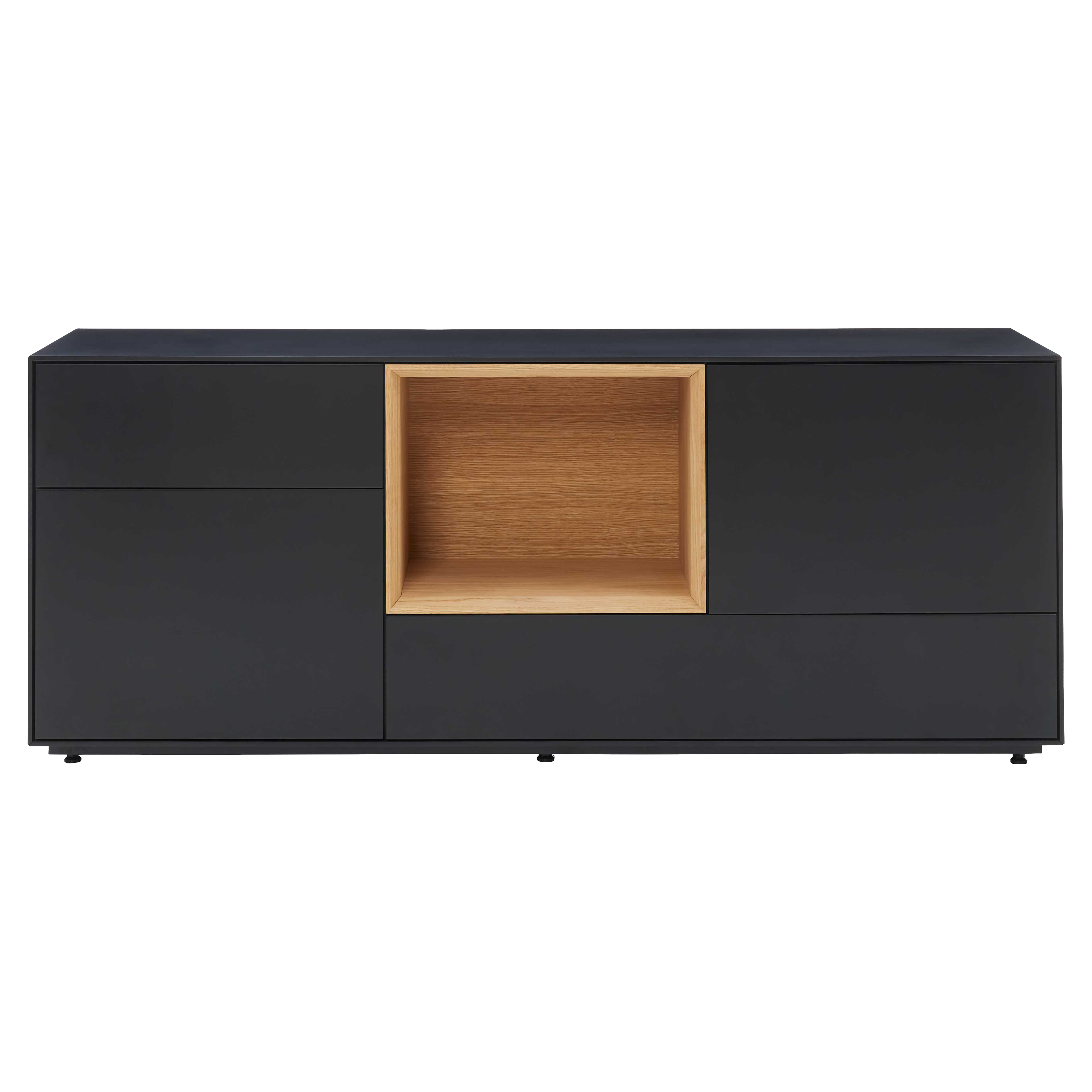 Schwarzes Sideboard mit Schubladen, Drehtüren und offenem Holzfach schafft strukturierten Stauraum für Wohn- oder Essizmmer