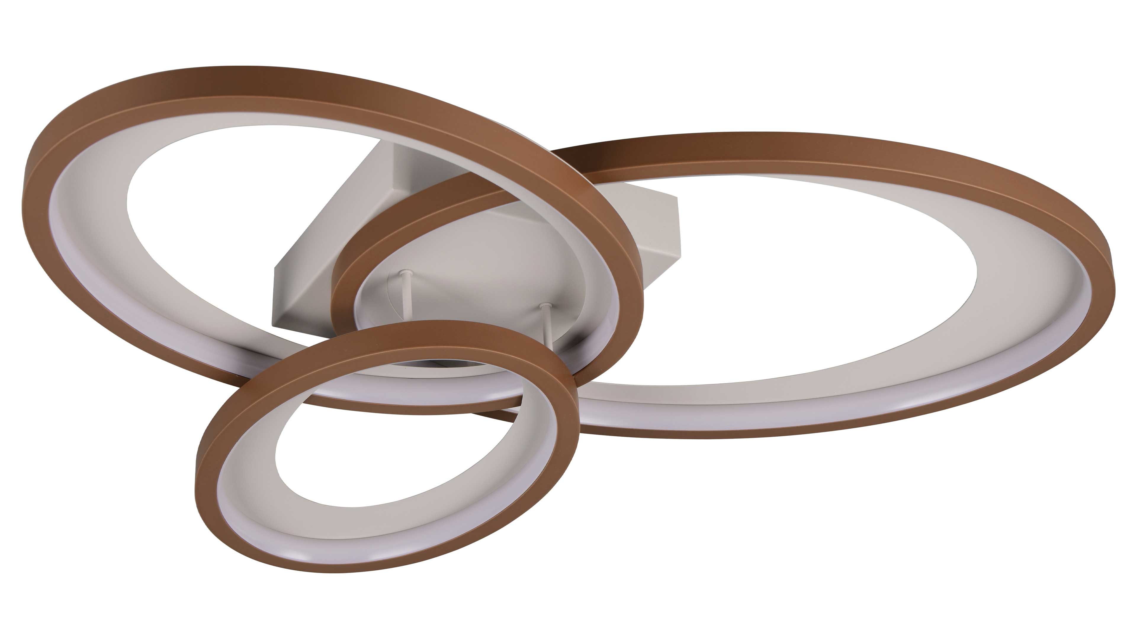 Deckenleuchte mit drei überlappenden braunen Ringen und weißer Innenfläche, montiert an einem quadratischen Deckenbefestigungsblock.