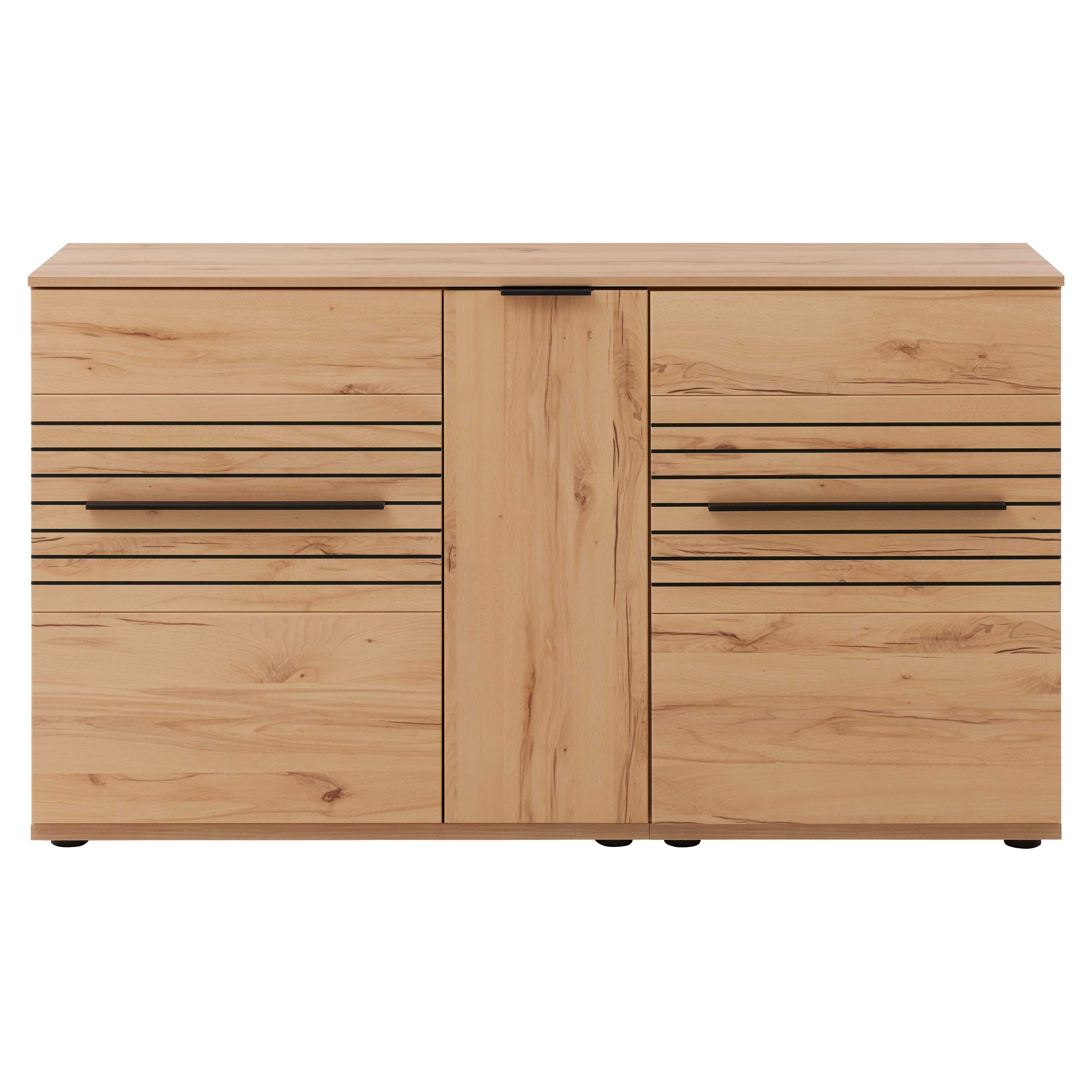 Kommode aus hellem Holz mit schmaler Mitteltür, beidseitig Schubladen mit schwarzen Griffleisten und sichtbarer Holzmaserung.