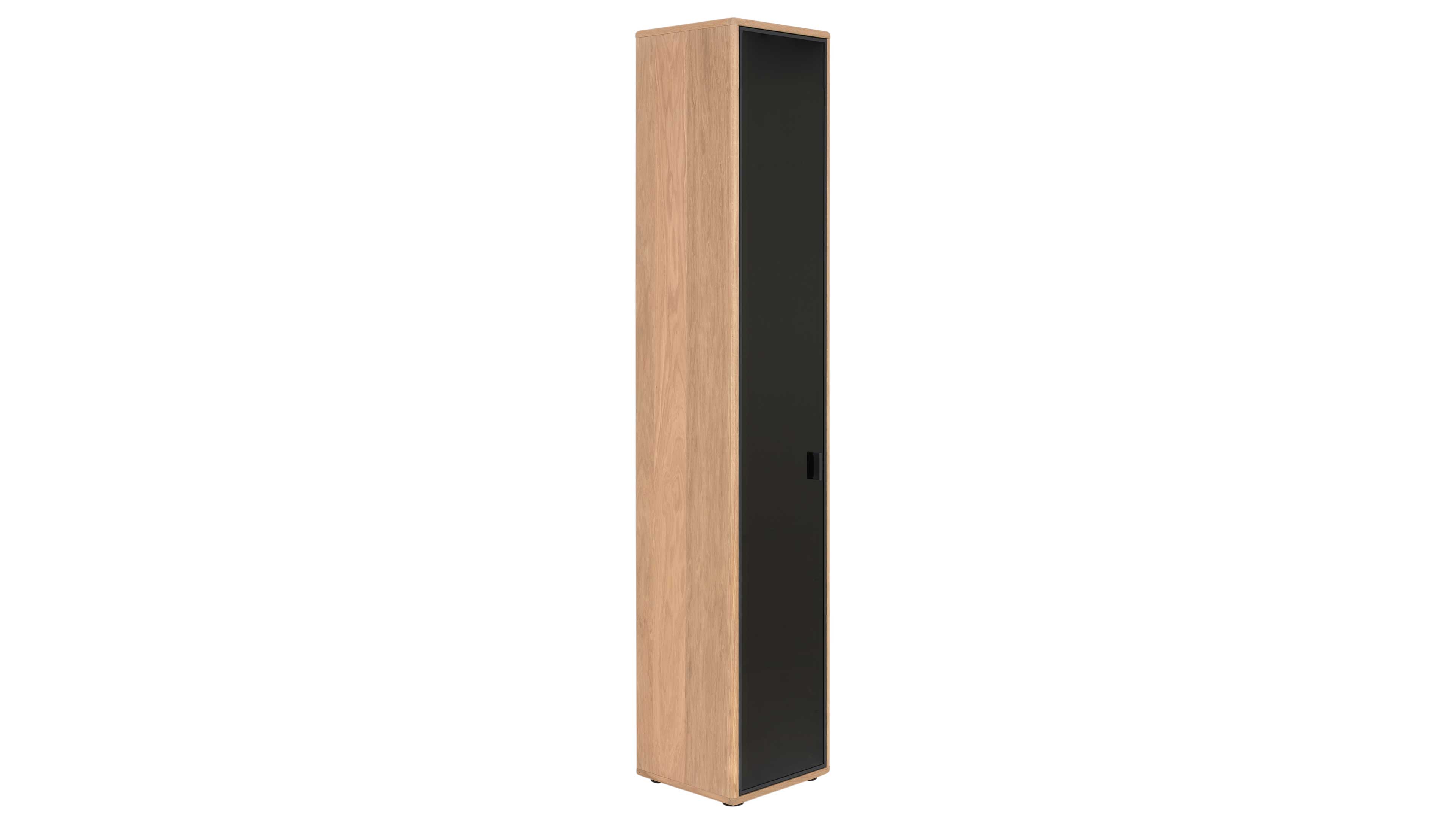 Hohe Vitrine mit Schwarzglasfront und Eichefurnier