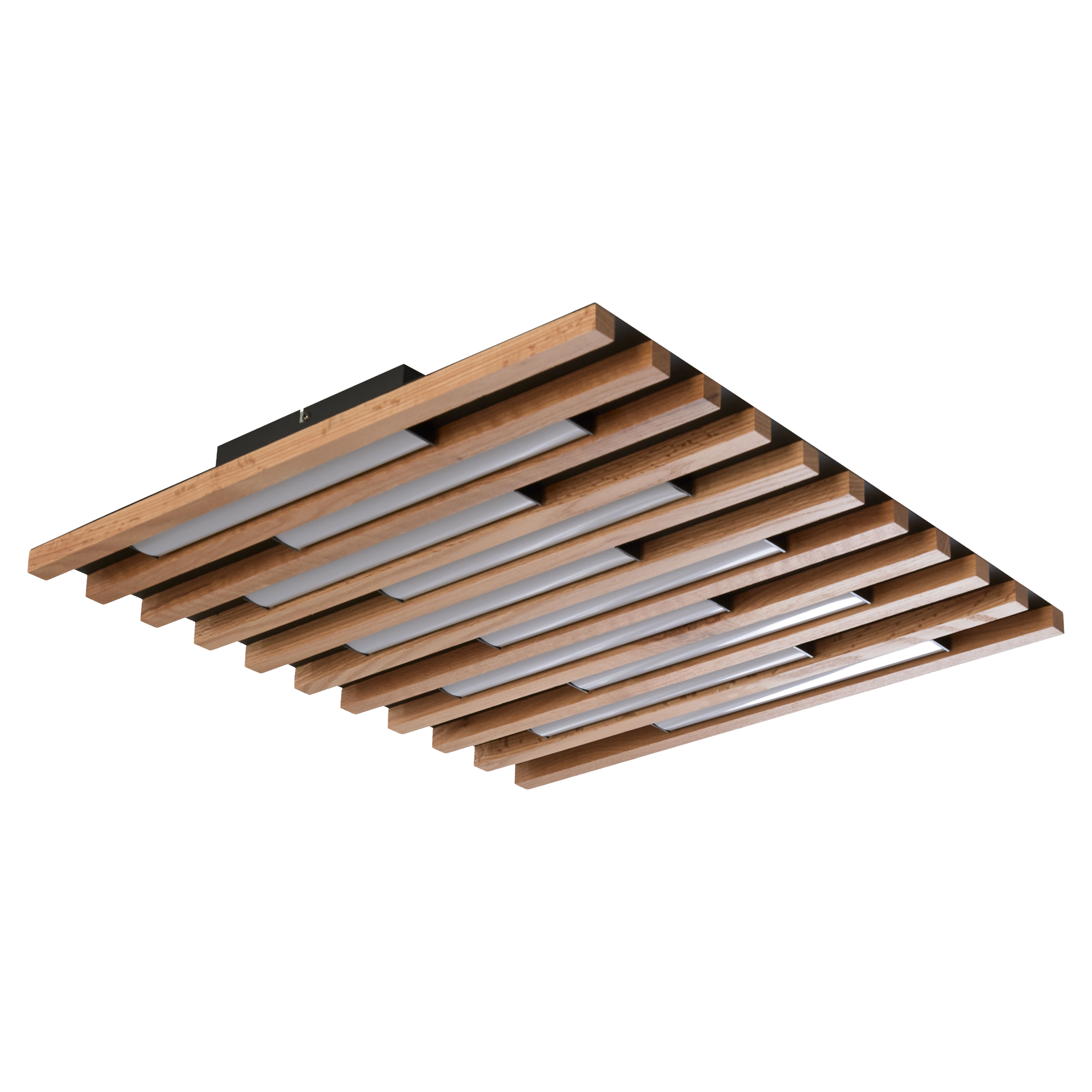 Deckenleuchte mit zwölf parallelen Holzlamellen in hellbraun und eingelassenen weißen Lichtdiffusoren, schwarze Montageplatte sichtbar.