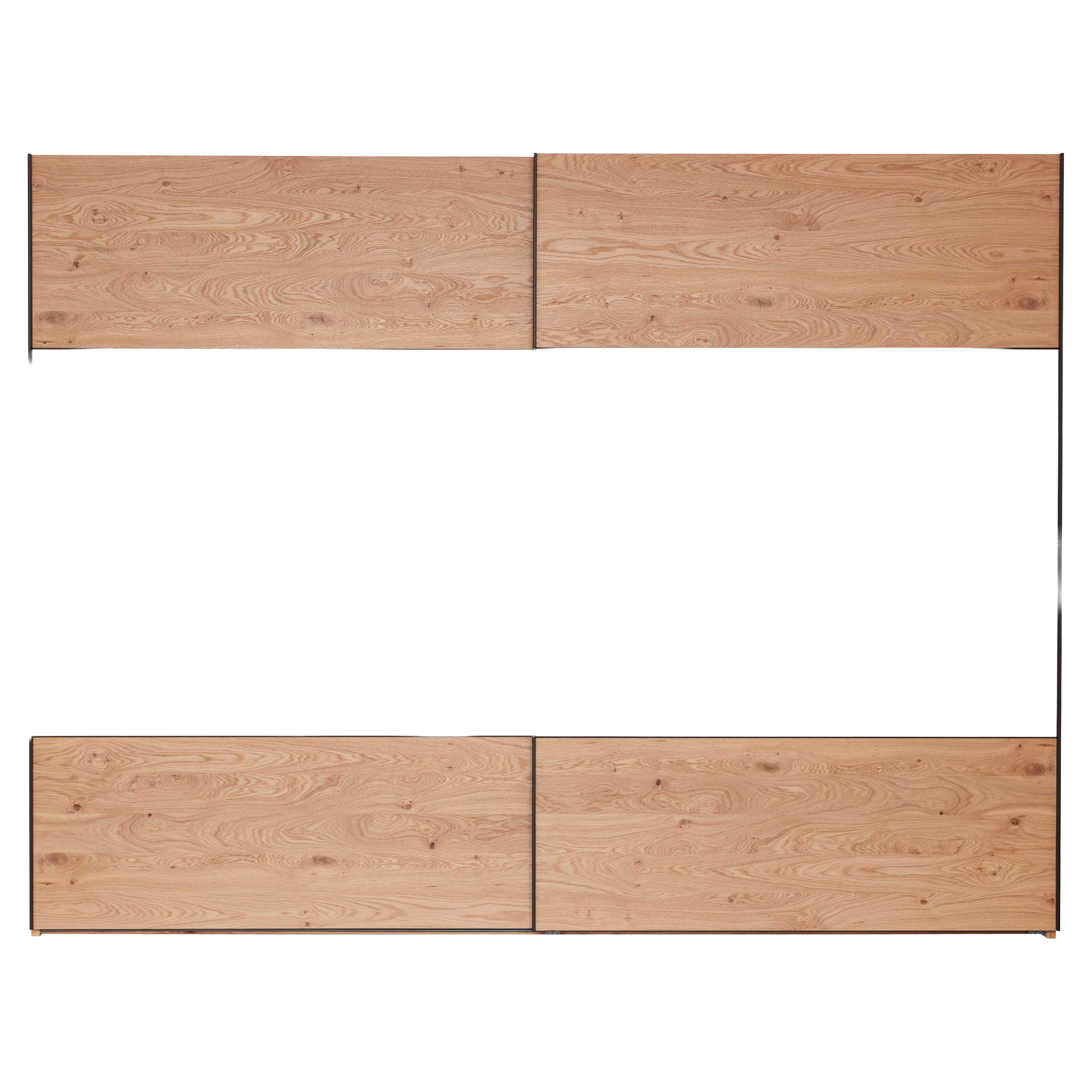 Großer zweitüriger Schrank mit jeweils oberer und unterer Holzfront, zwei mittigen beigegrauen Paneelen und schmalem dunklem Rahmen.
